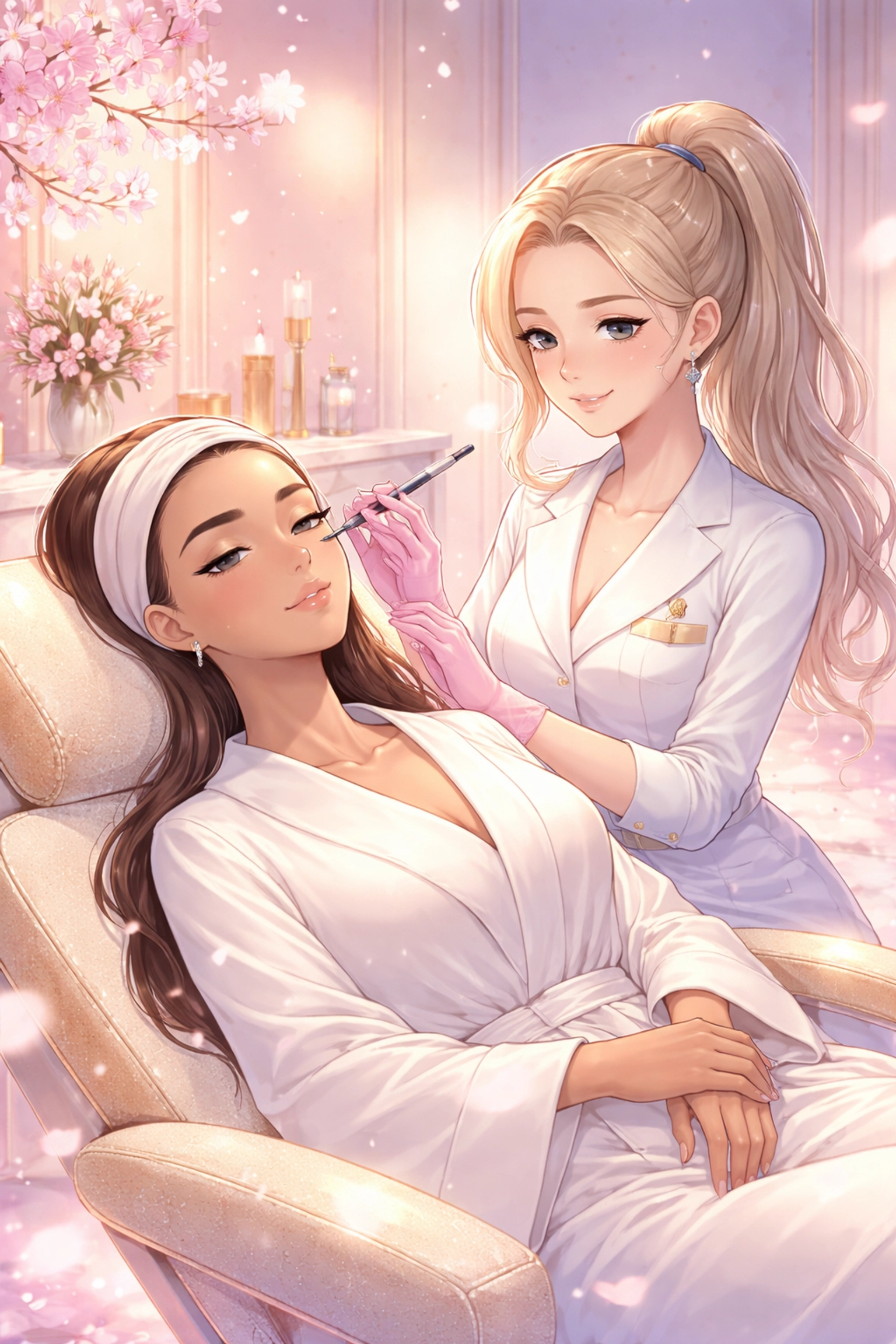 A luxurious spa scene with a diverse woman receiving nurse-led nano brow treatment, highlighting Blush On The Daley’s expertise and safety.
