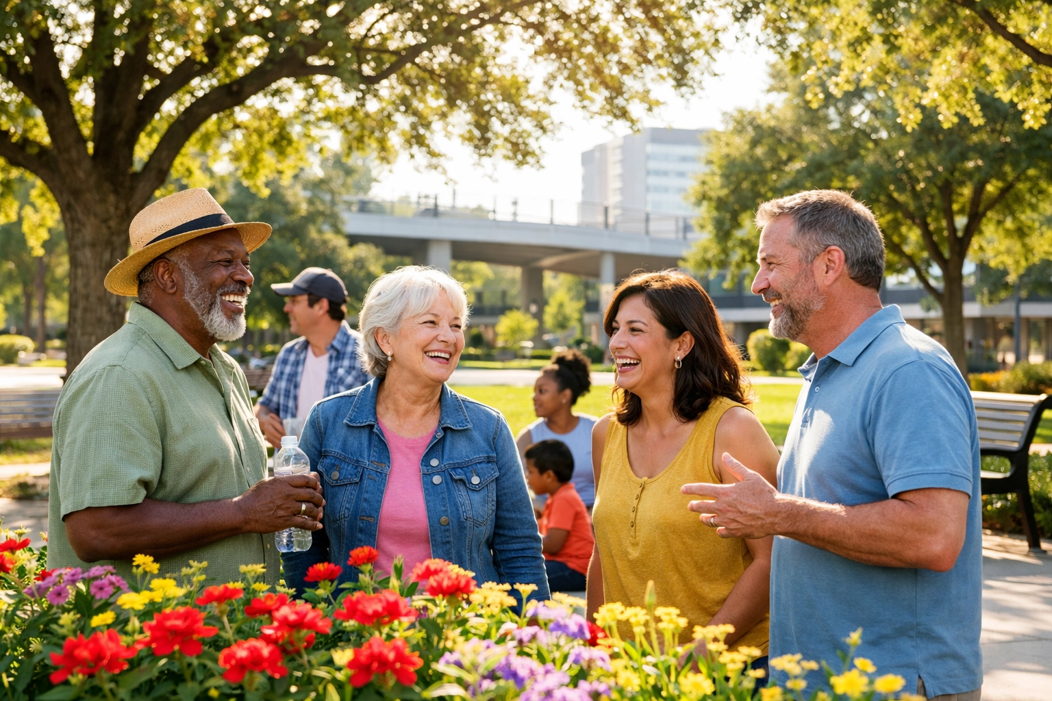 Friendly neighbors gathering in a sunny, green High Point NC community park.