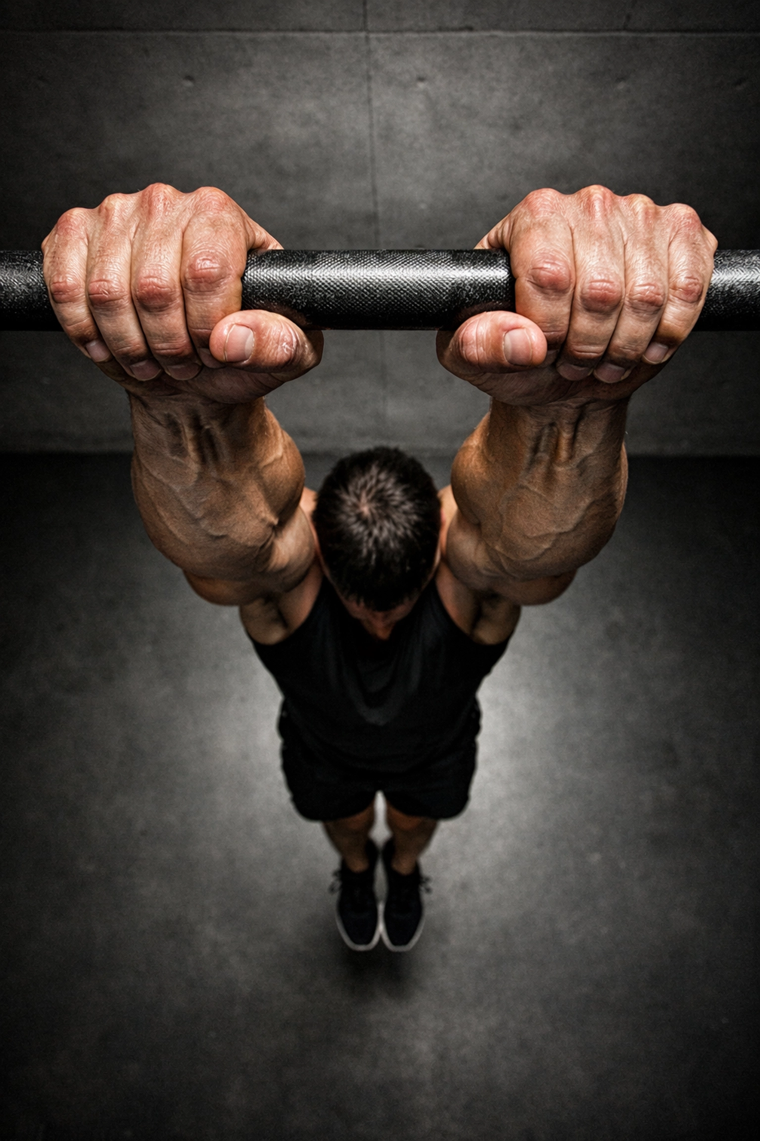 Close-up of hands gripping pull-up bar during dead hang for grip strength training