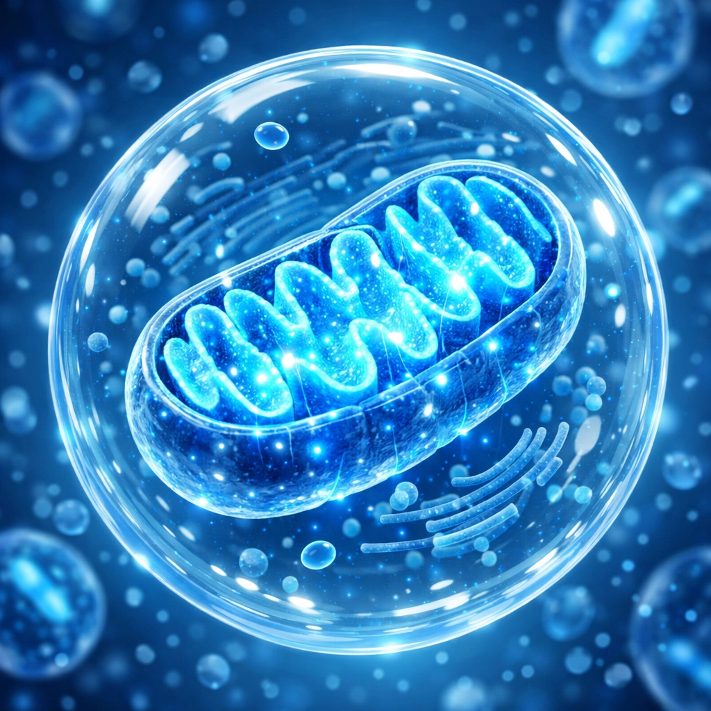 Microscopic visualization of mitochondrial optimization for cellular energy and longevity peptide therapy.