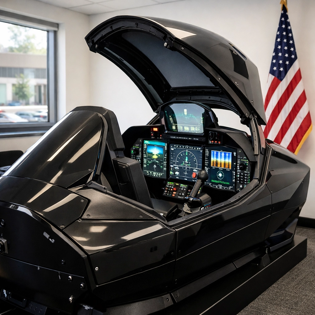 Compact flight simulator pod installed in military recruiting office with illuminated displays