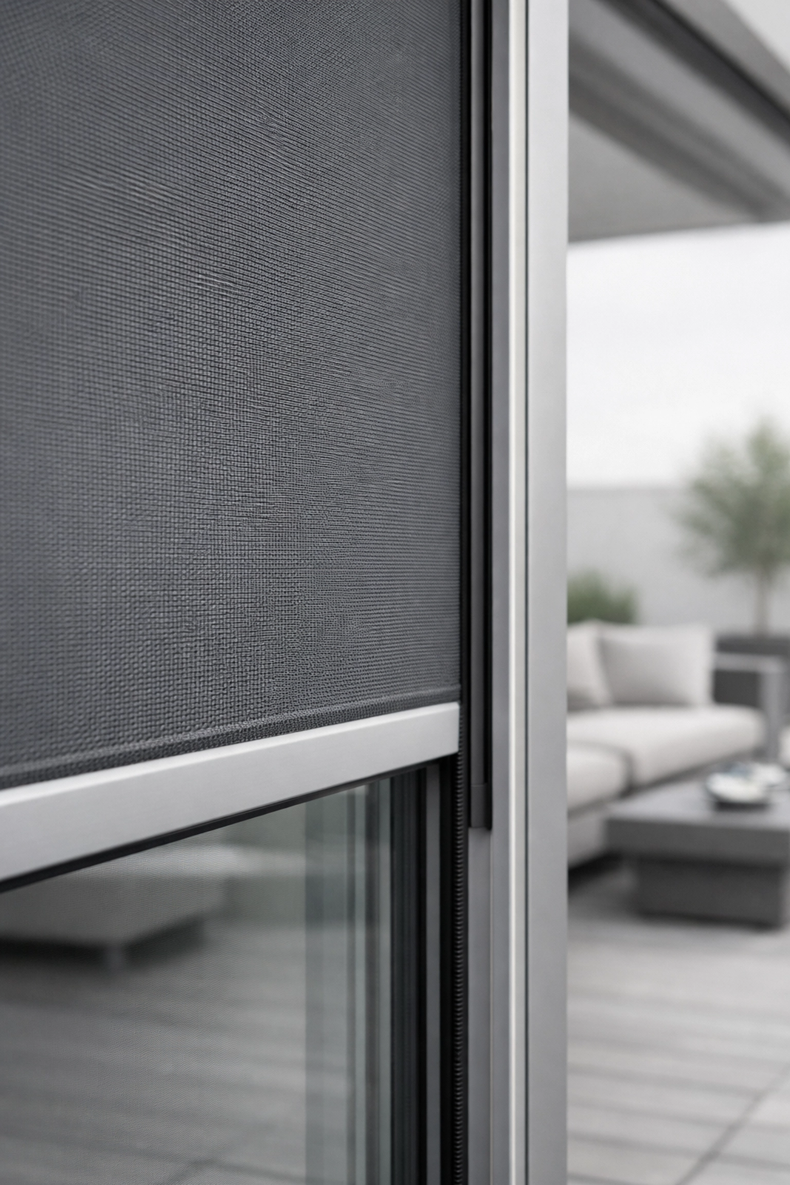 Windstabiler Zip Screen in Wien mit seitlicher Schienenführung an einer Glasfront für modernen Sonnenschutz.