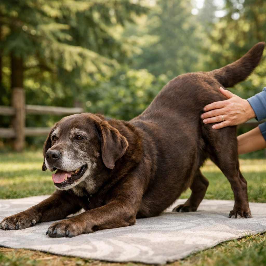 Senior dog performing gentle yoga stretches with owner for holistic physical health.