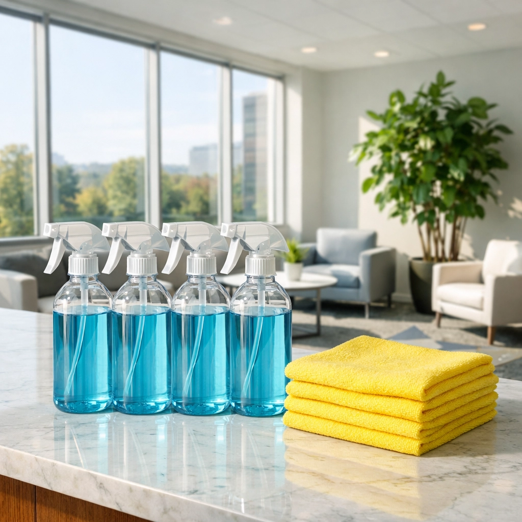 Eco-friendly office cleaning in Westford using non-toxic products and microfiber cloths for healthy air quality.