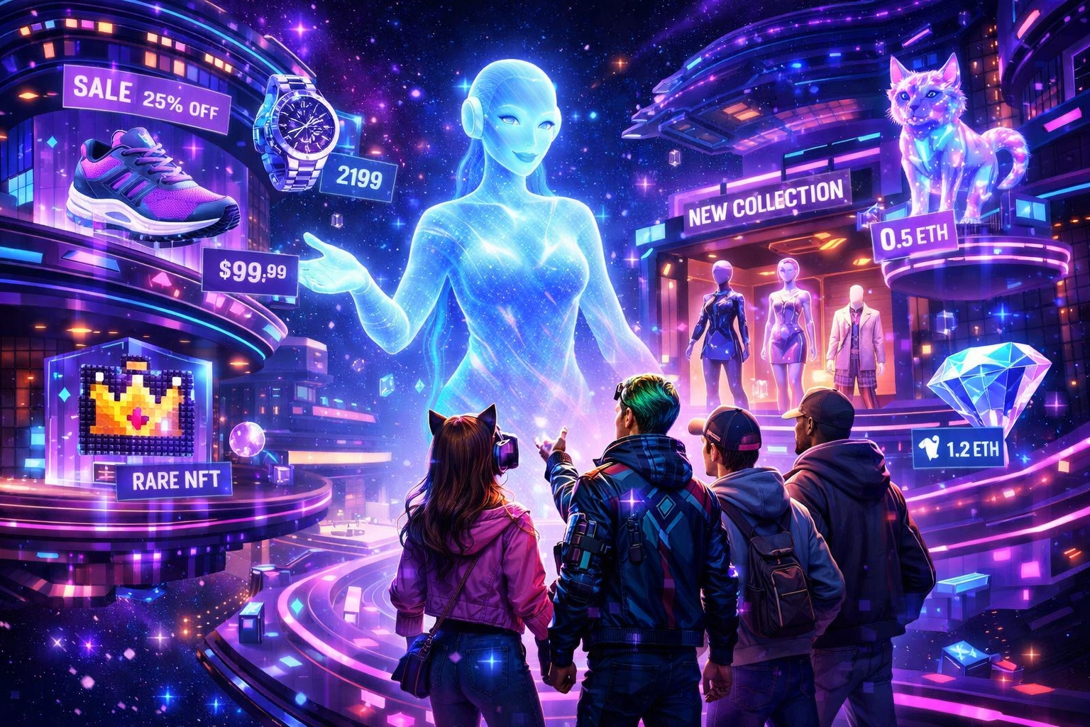 AI-powered metaverse shopping experience with virtual storefronts and NFT receipts