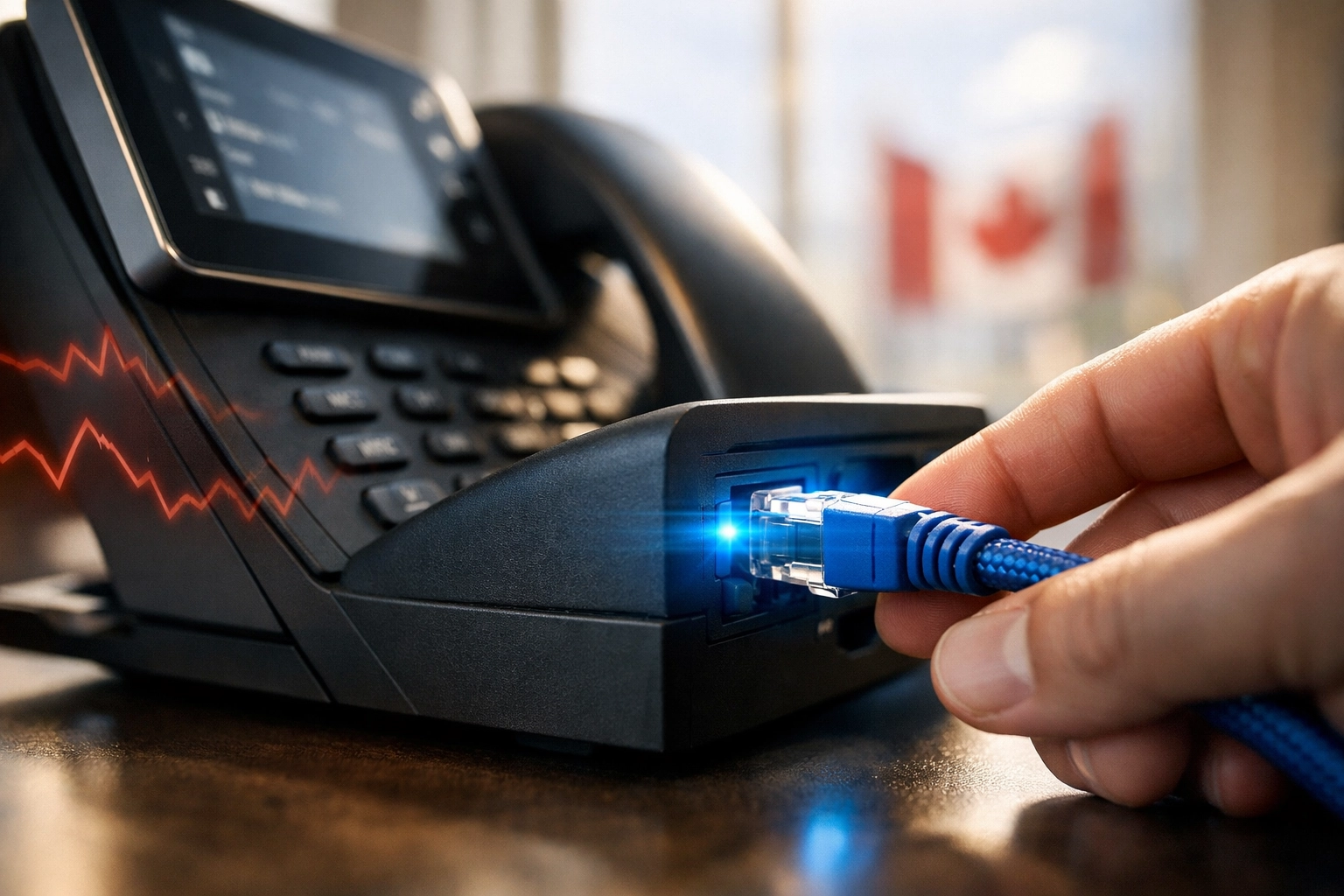 A professional plugging an Ethernet cable into a VoIP desk phone for a stable wired office connection.