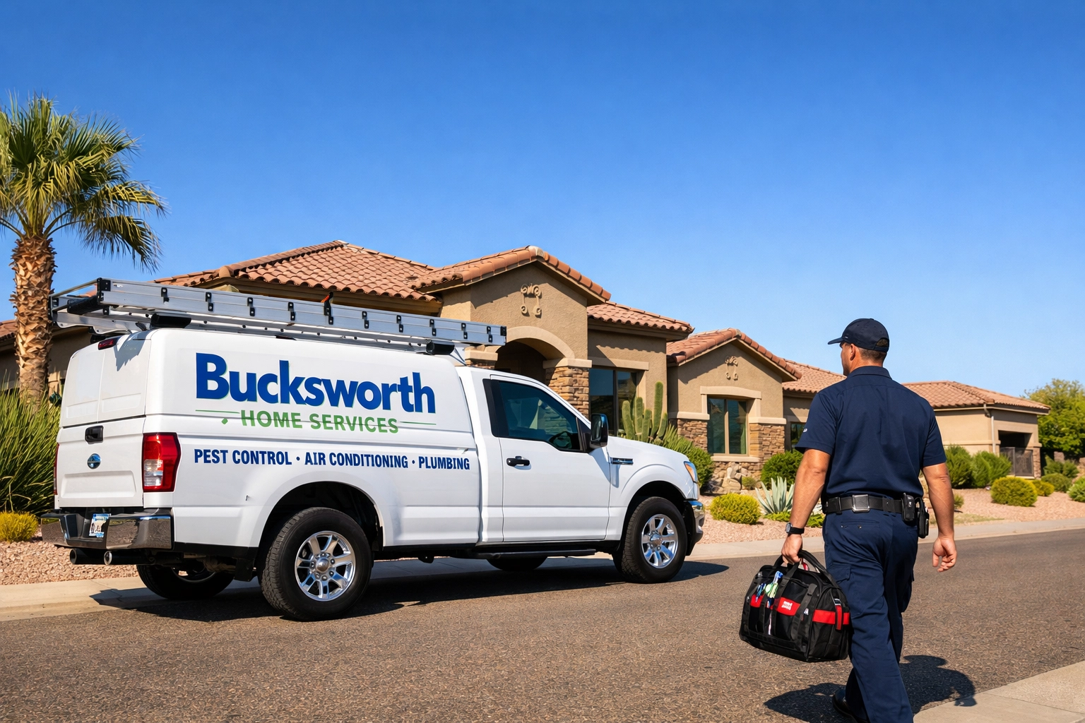 Bucksworth Home Services truck in a Peoria AZ neighborhood providing local plumbing and residential services.