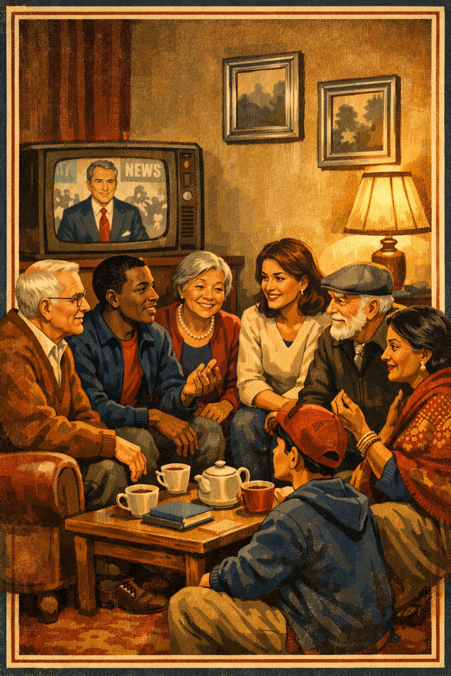 Diverse community gathered for calm conversation about news without drama