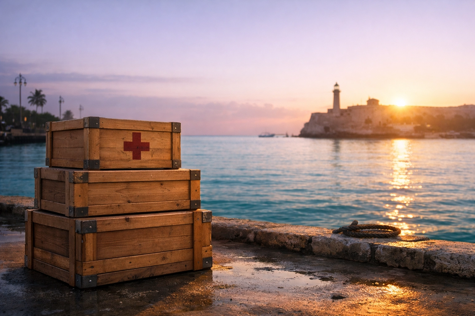 Wooden shipping crates with medical symbols arrive at a sunlit Cuban dock for humanitarian relief.
