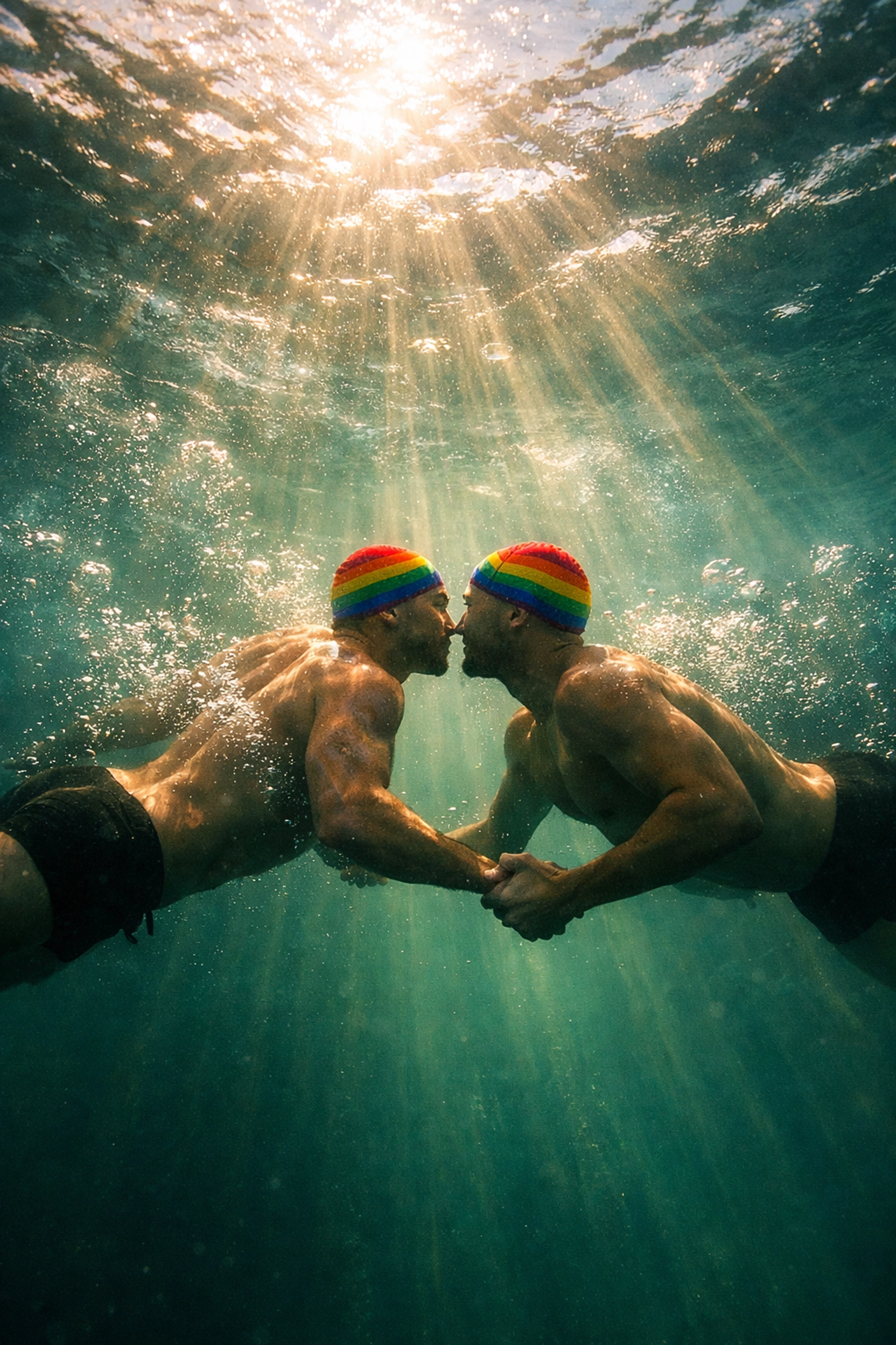 Gay swimmers underwater in Serpentine Lake - LGBTQ+ wild swimming community and connection