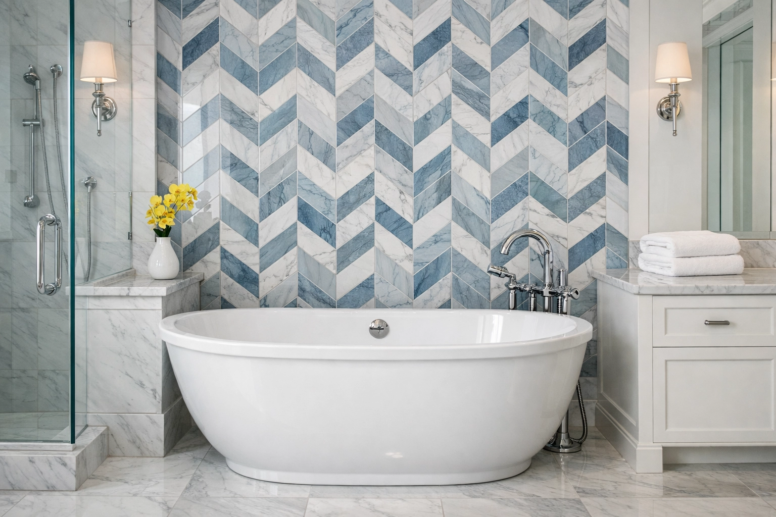 Sparkling luxury bathroom detailing the high-end results of residential cleaning Massachusetts.