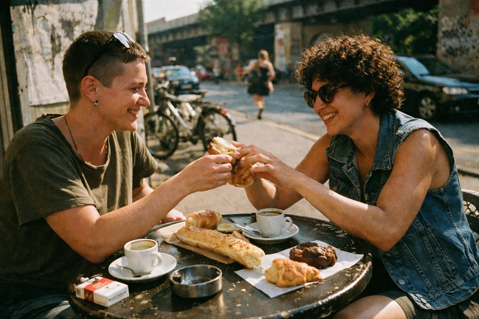 A sunlit Kreuzberg terrace moment: two people splitting a baguette like it’s relationship counseling, minus the eye contact.