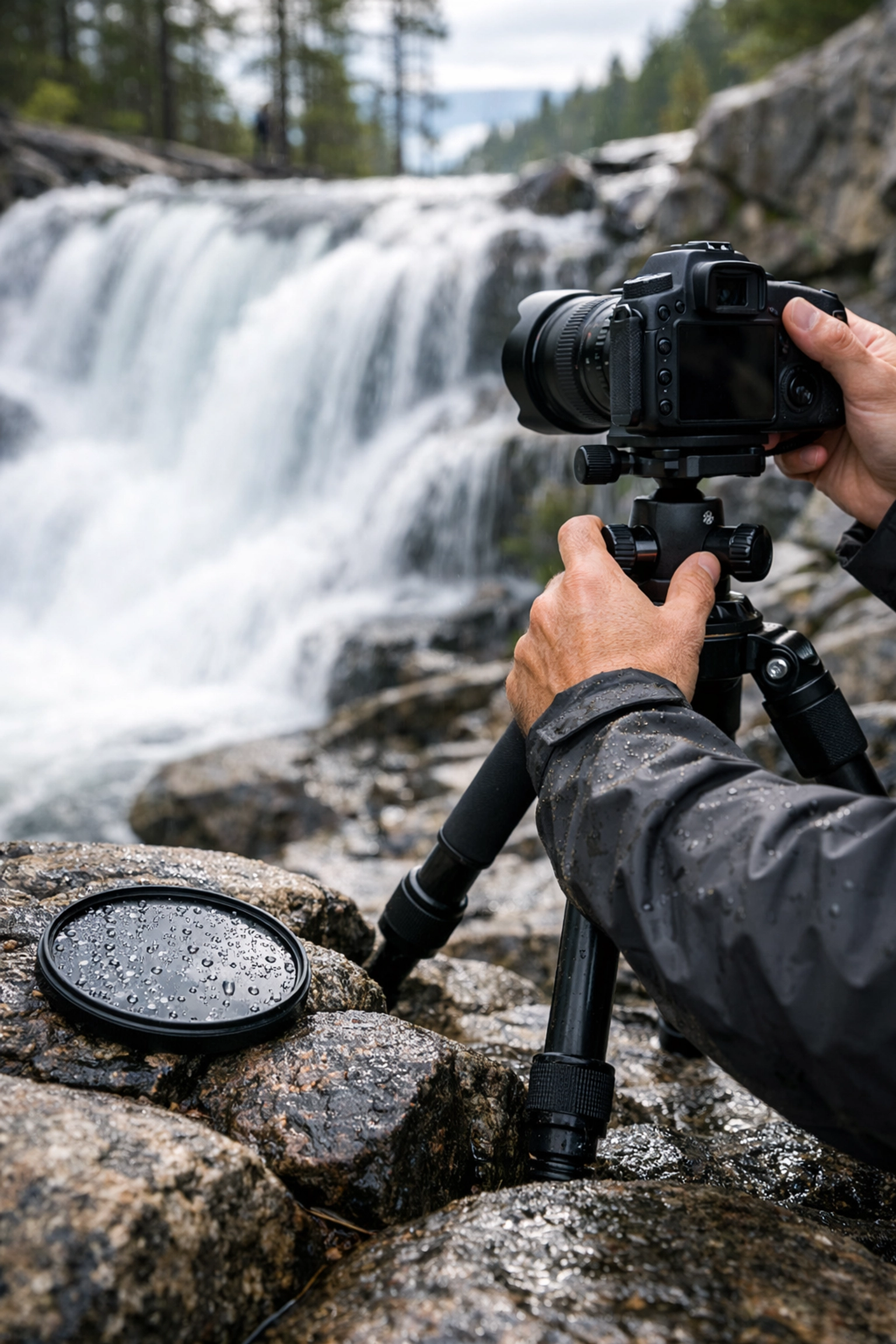 Camera setup for a long exposure shot at Lower Eagle Falls, a must-visit Lake Tahoe photography location.