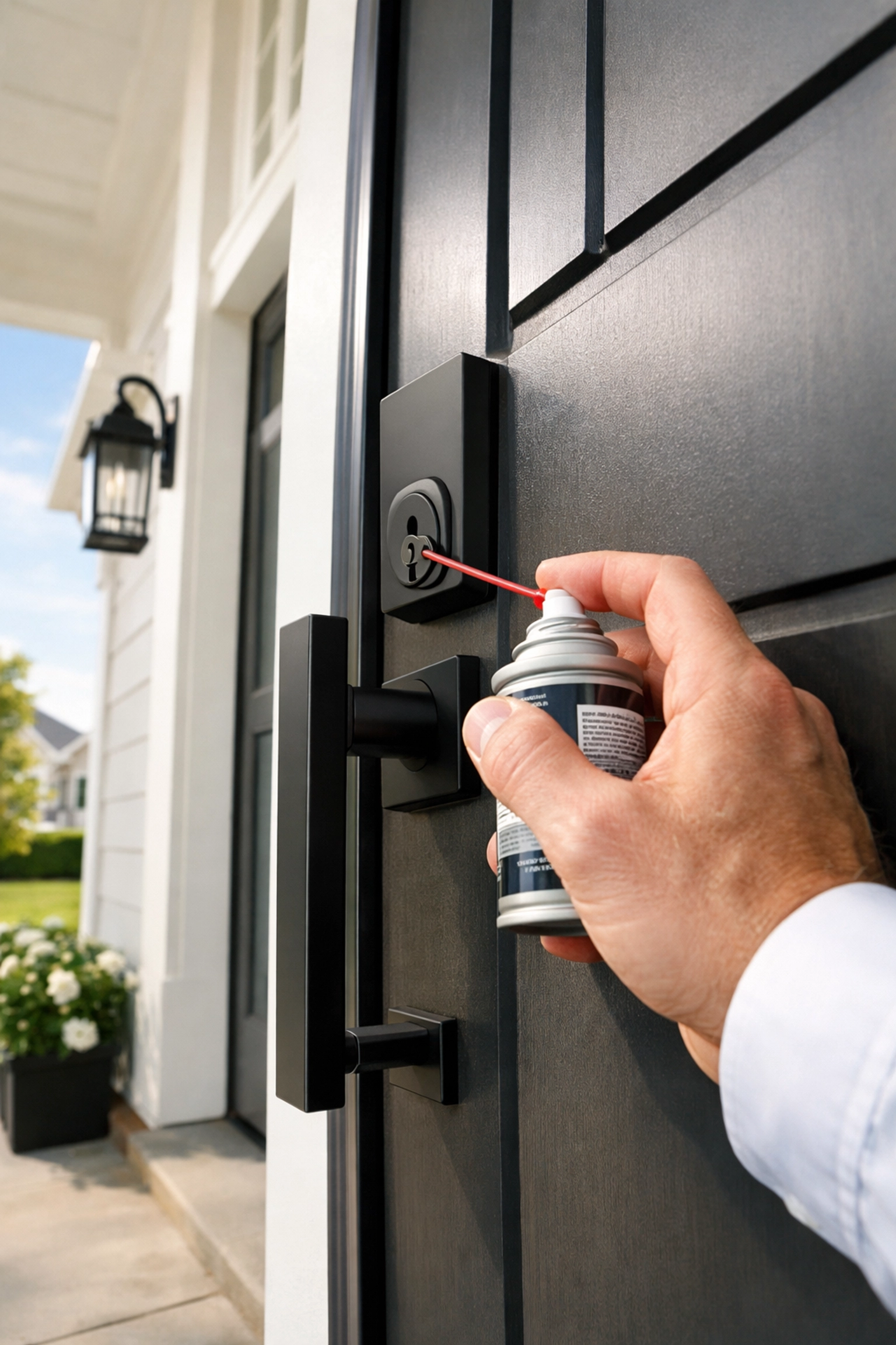 Locksmith performing seasonal spring maintenance on a premium residential door lock in Carmel.
