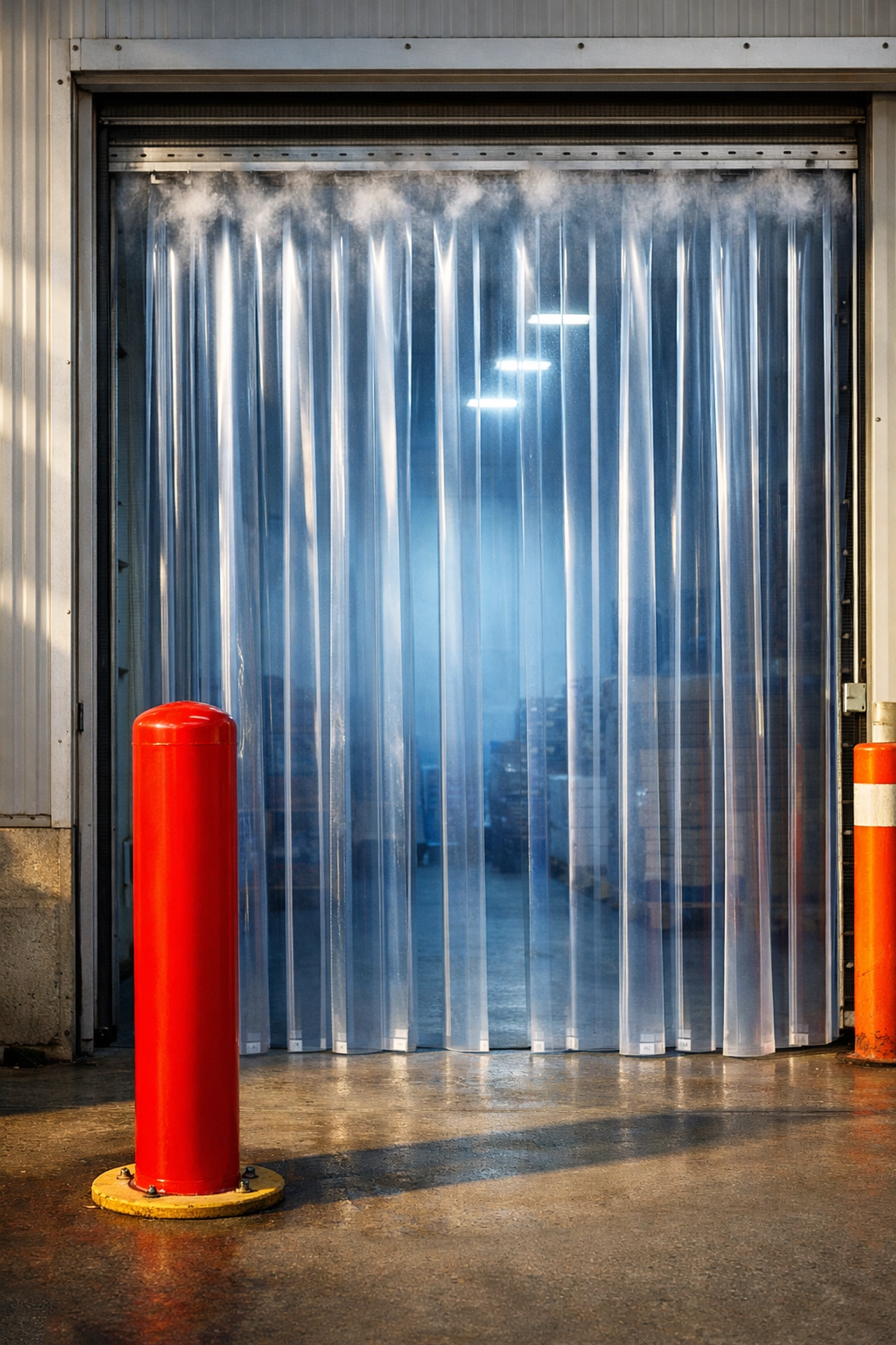 Polar Grade PVC freezer strip curtains installed at a cold room entrance to prevent energy loss.
