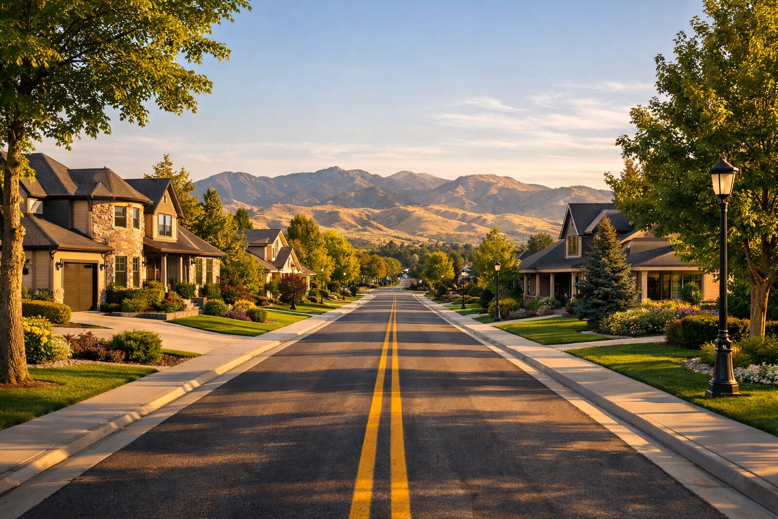 Luxury suburban street in Eagle Idaho with custom homes and mountain views