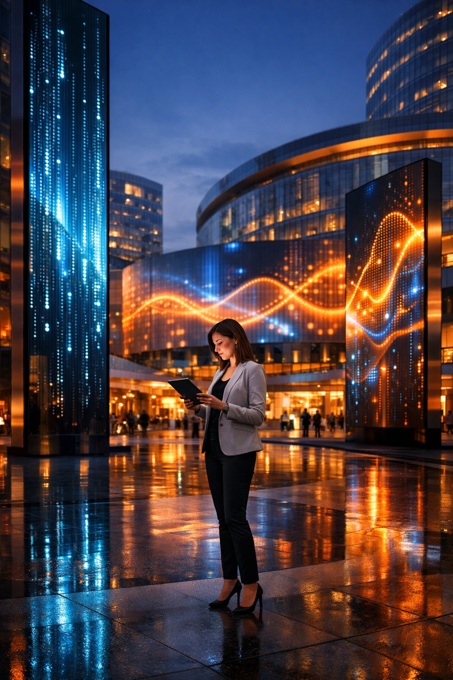 Innovative digital signage and futuristic media technology showcasing Dakdan Worldwide’s strategic advertising reach.