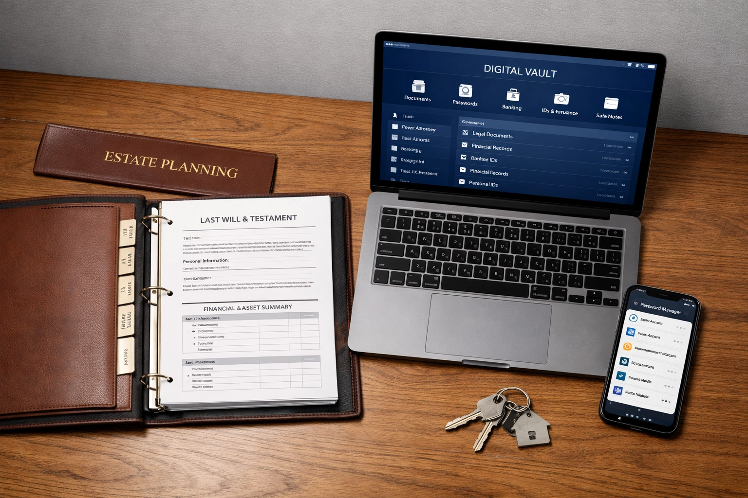Estate planning documents with laptop and smartphone showing digital password vault and house keys