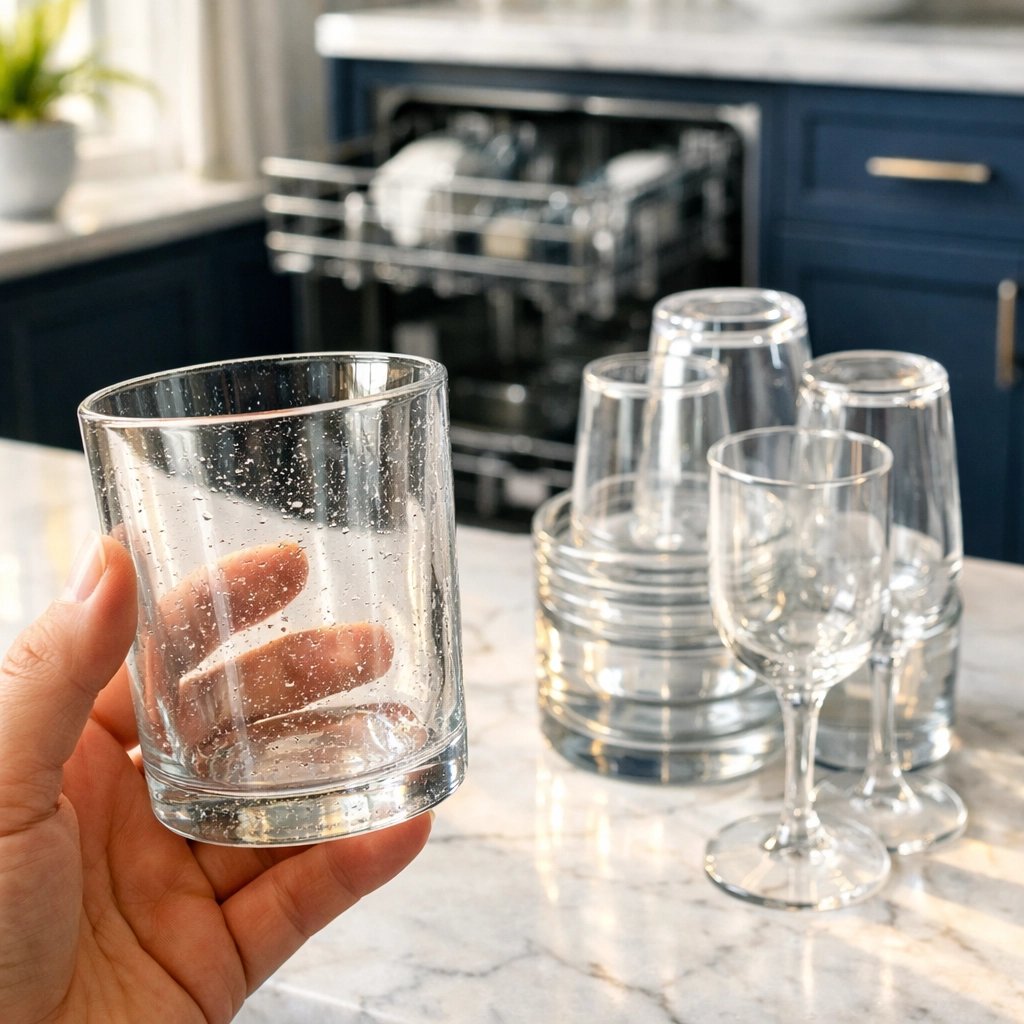 Gritty water spots on clean glassware caused by a clogged dishwasher filter.