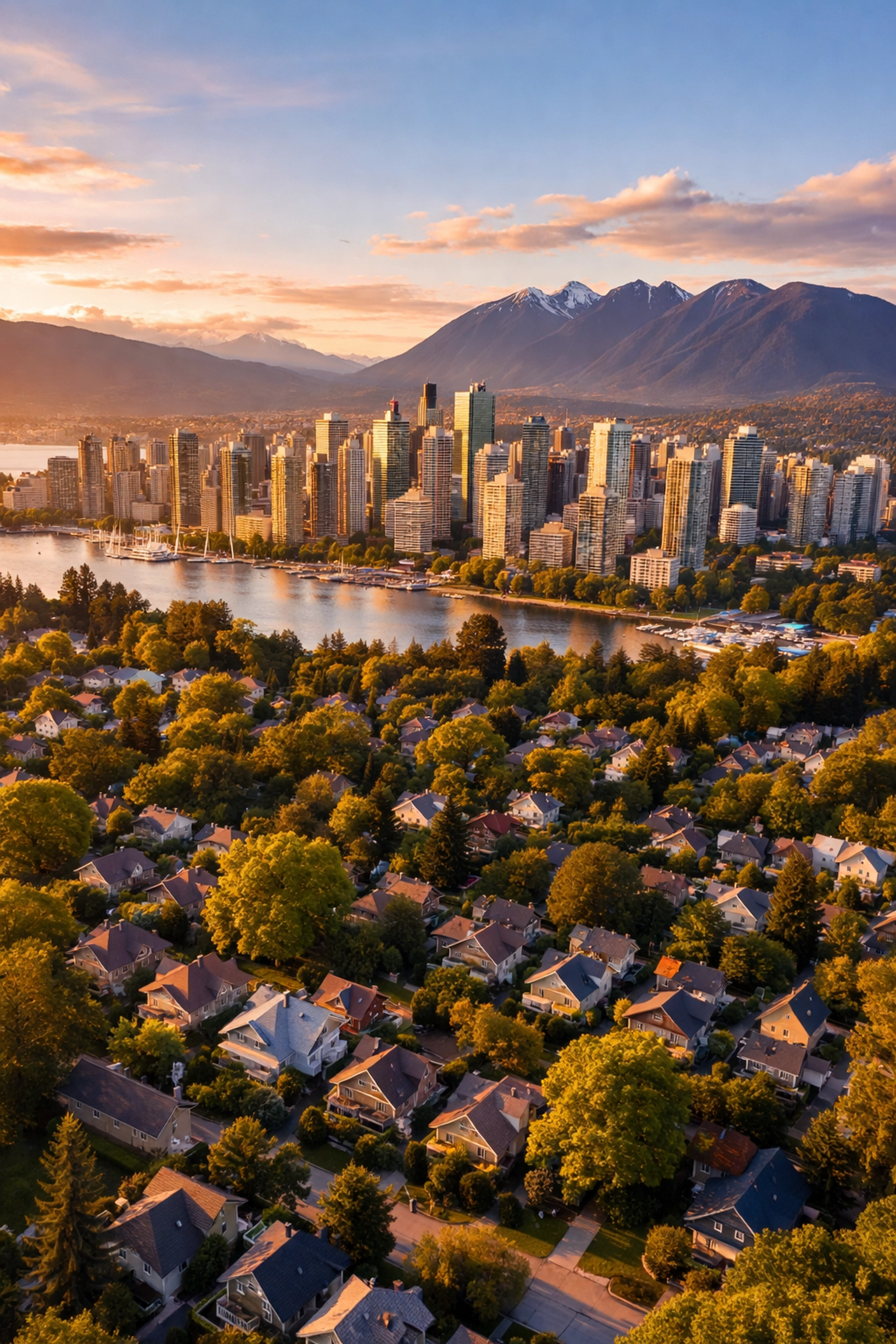 Aerial view of Vancouver neighborhoods and skyline, illustrating the local real estate market landscape.