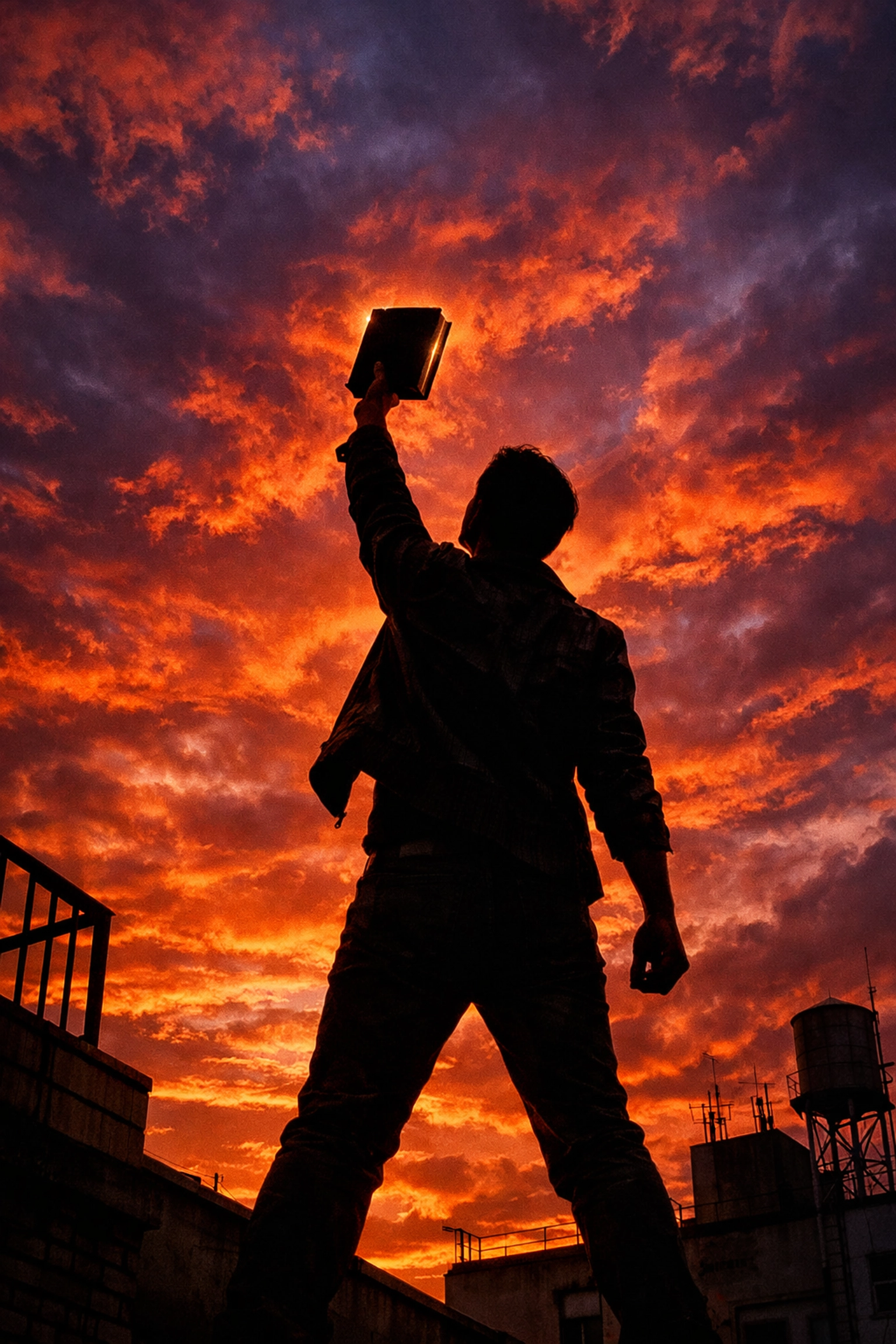 A silhouette of a queer author holding a book high at sunset, symbolizing the global rise of LGBTQ+ fiction.