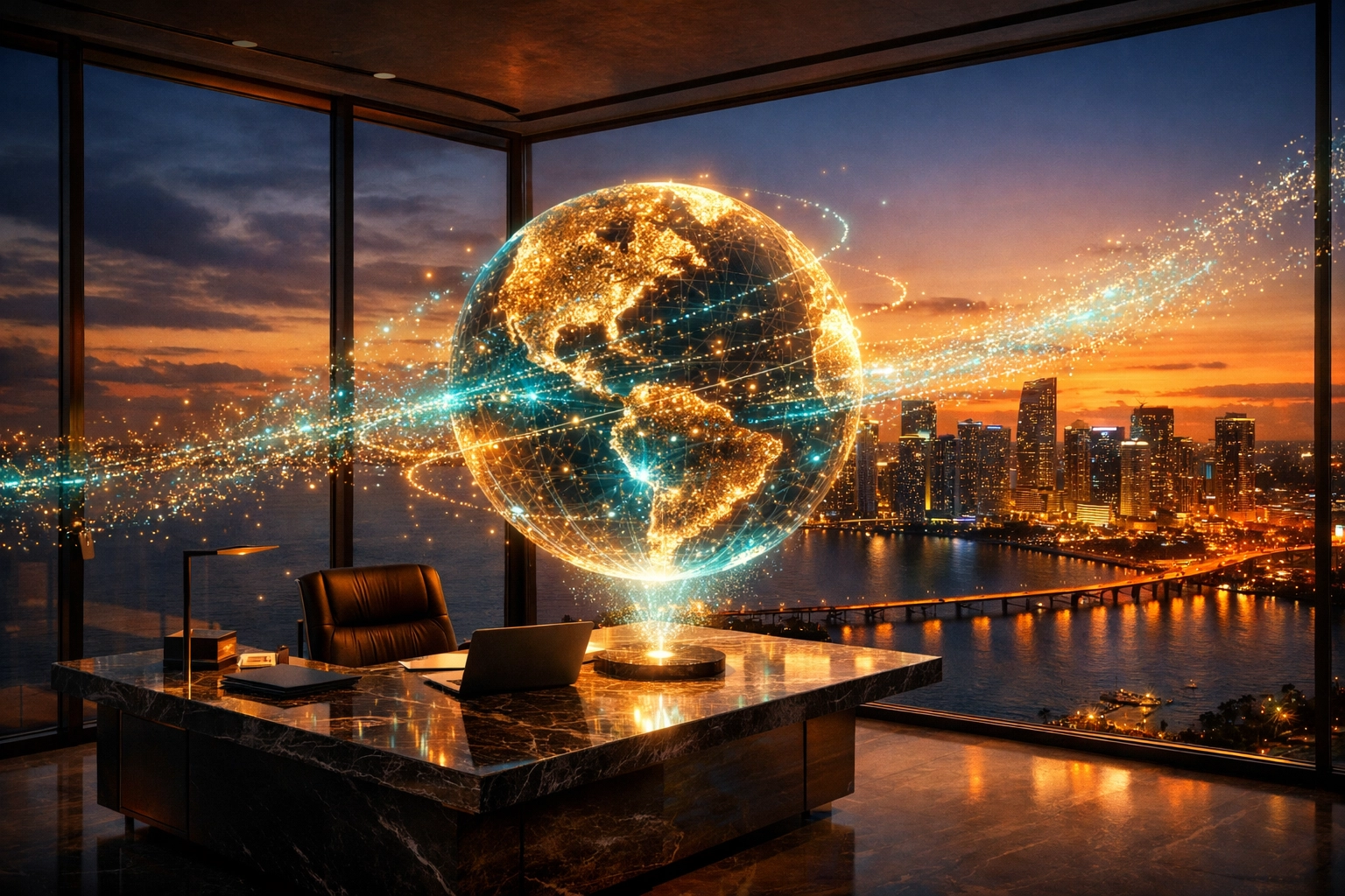 Holographic globe in a Miami office representing AI marketing and local SEO for Florida businesses.