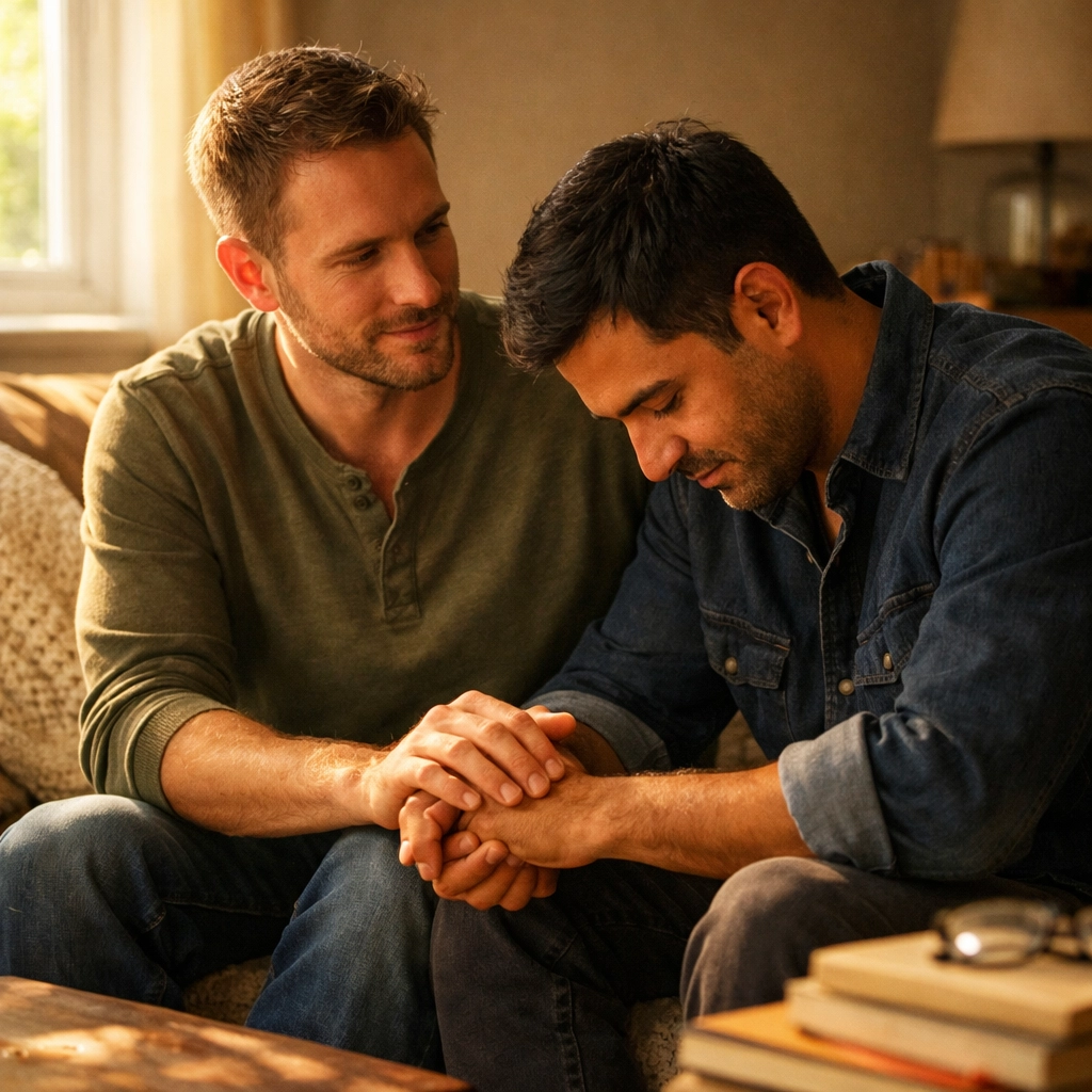 Two gay men sharing supportive moment on couch during addiction recovery journey