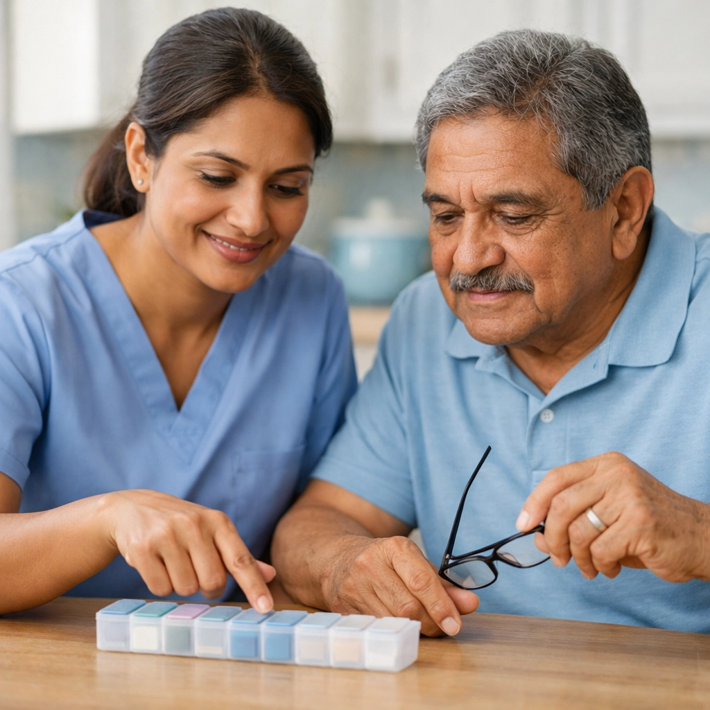 Caregiver assisting a senior with medication reminders and home safety routines in Warrenton, VA.