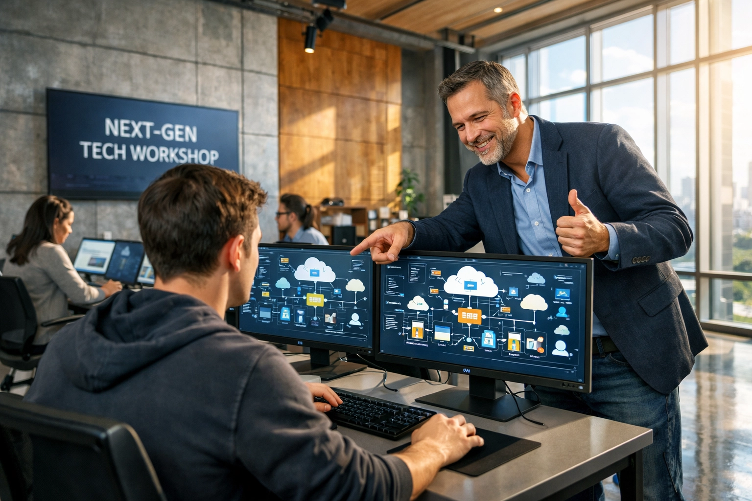 High school student learning cloud architecture on dual monitors during a tech workshop.