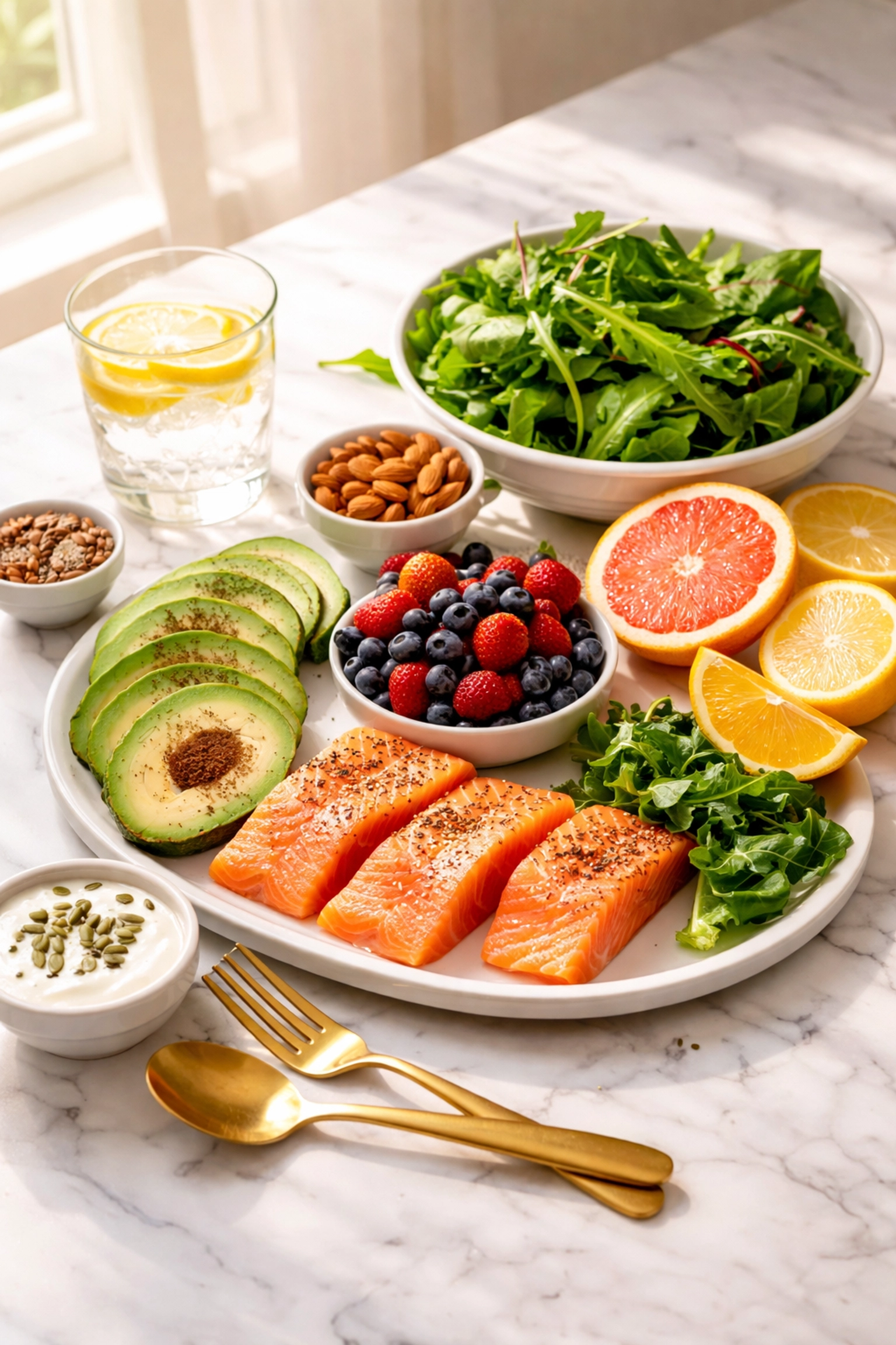 Nutrient-rich foods including avocados, berries, and salmon that support skin health and hydration