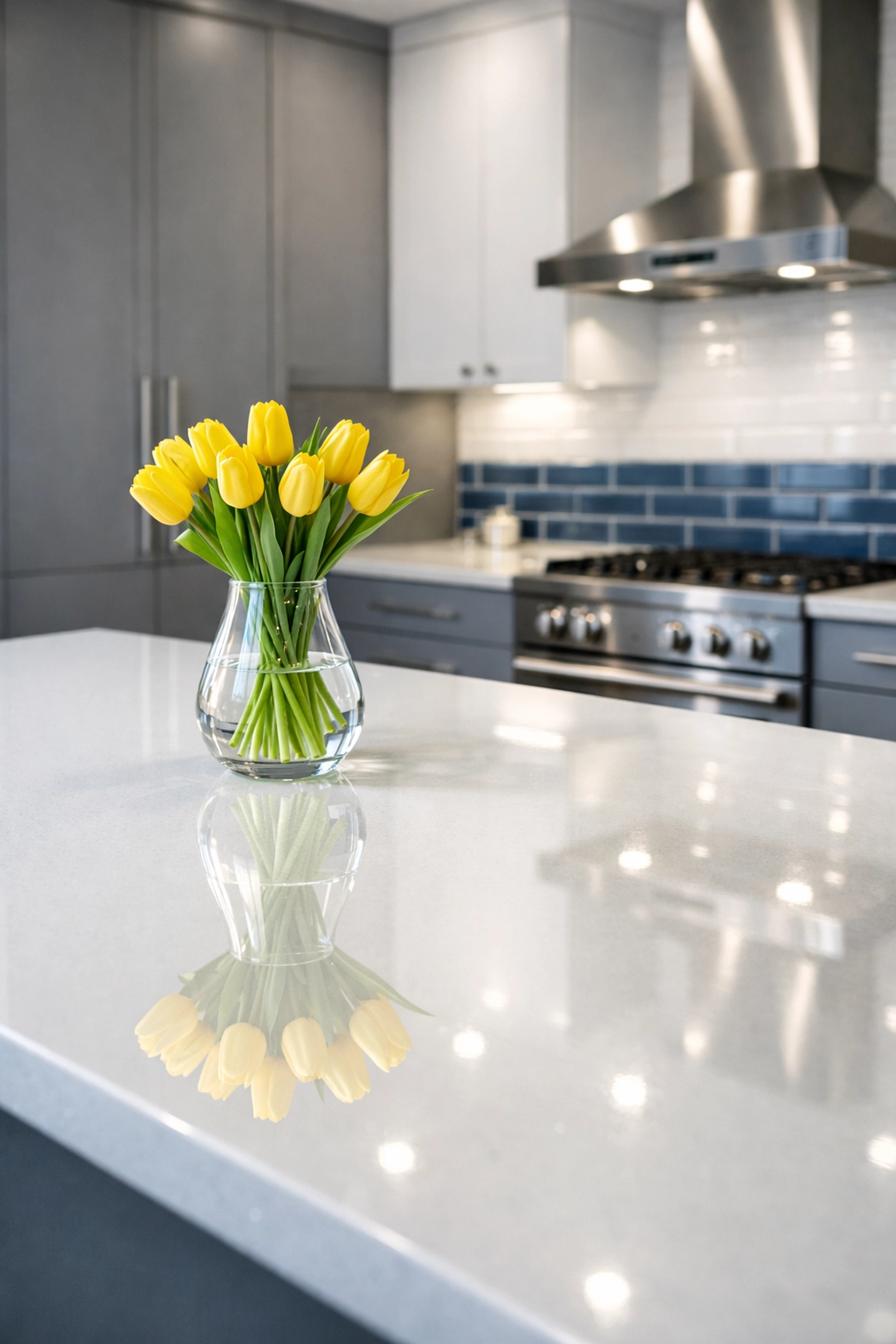Sparkling white quartz kitchen island showing results of professional deep cleaning services.