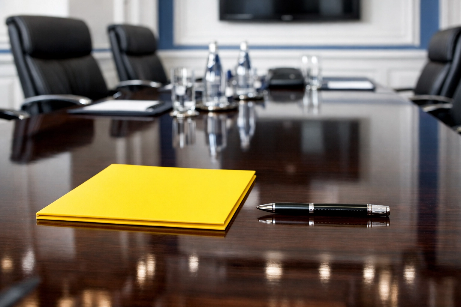 Detail-oriented office cleaning in Westford visible on a reflective and dust-free conference table.