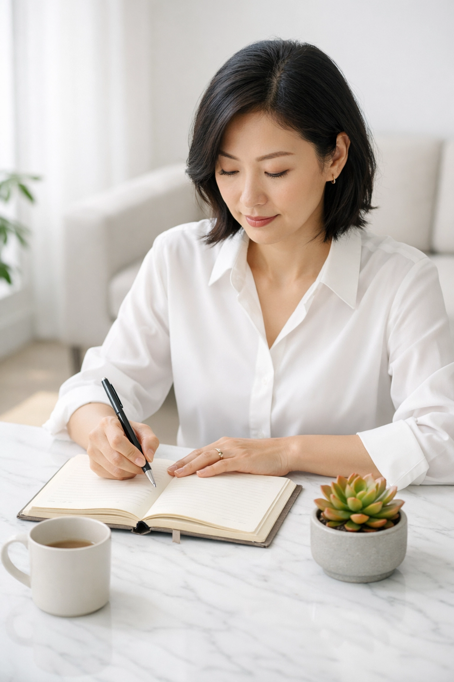 Asian woman journaling her prayers to reduce stress and integrate nervous system regulation.