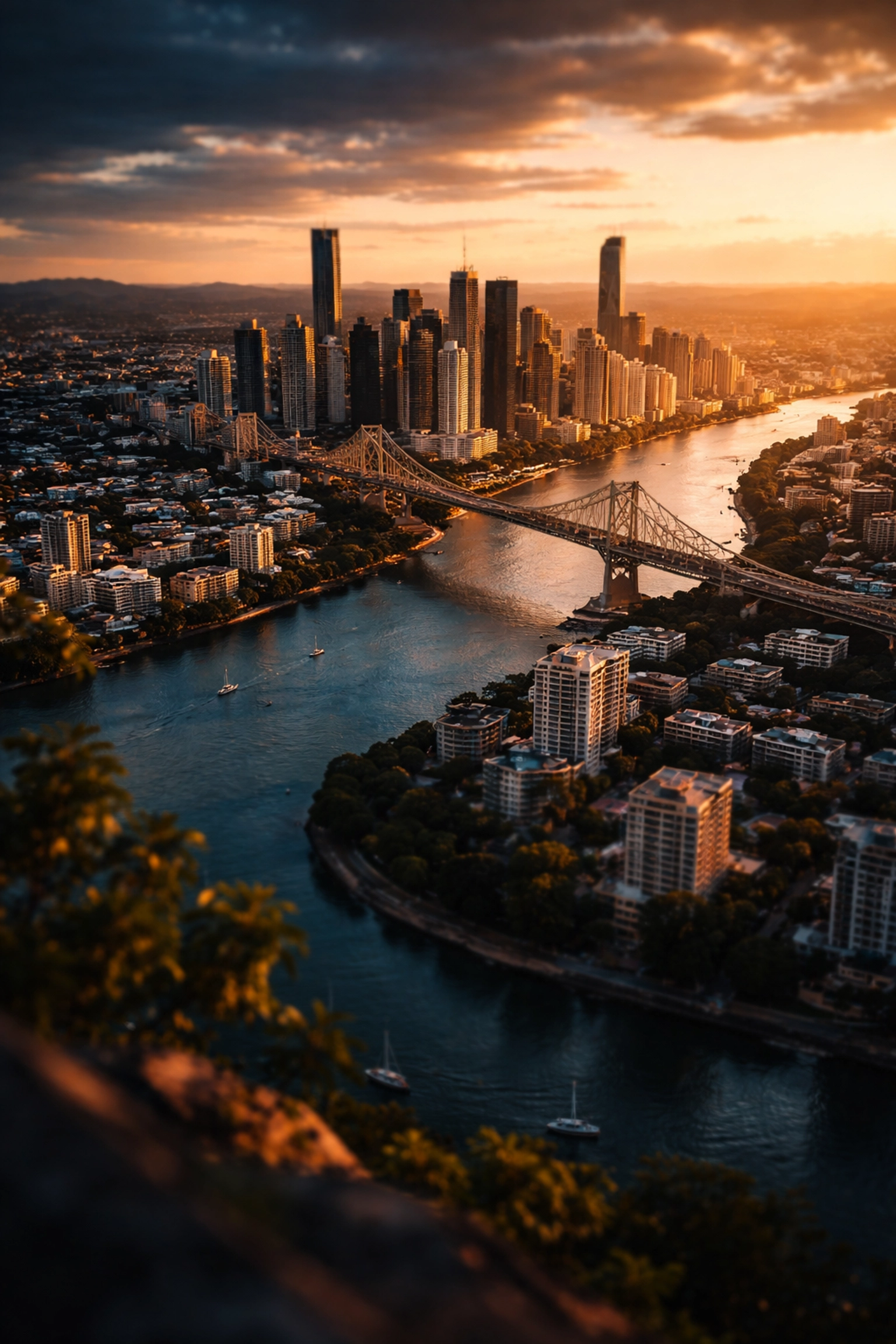 Aerial view of Brisbane CBD, Story Bridge, and highlighted legal precincts at sunset
