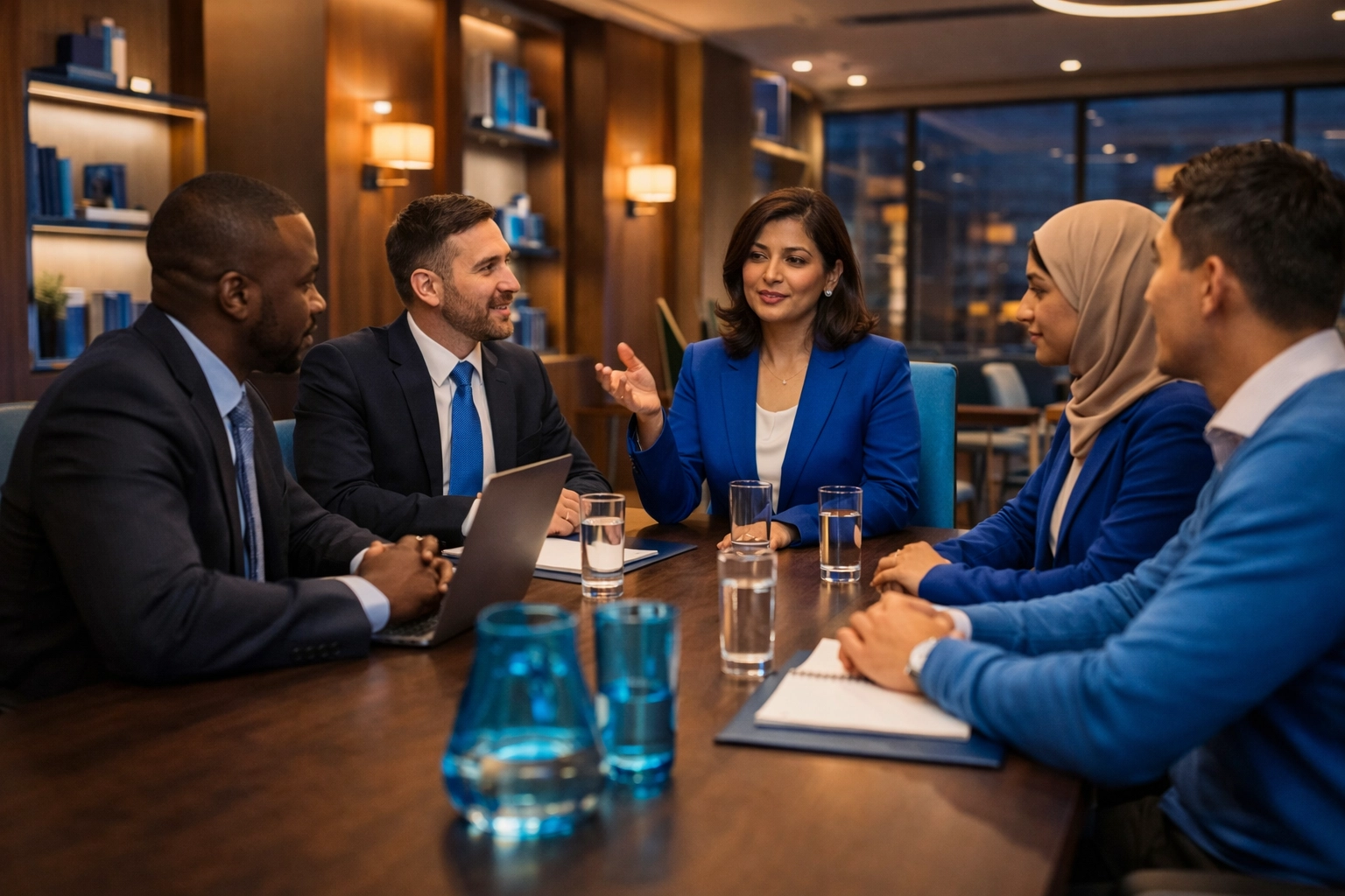 Confident woman executive using strategic communication to lead a boardroom discussion with a diverse team.