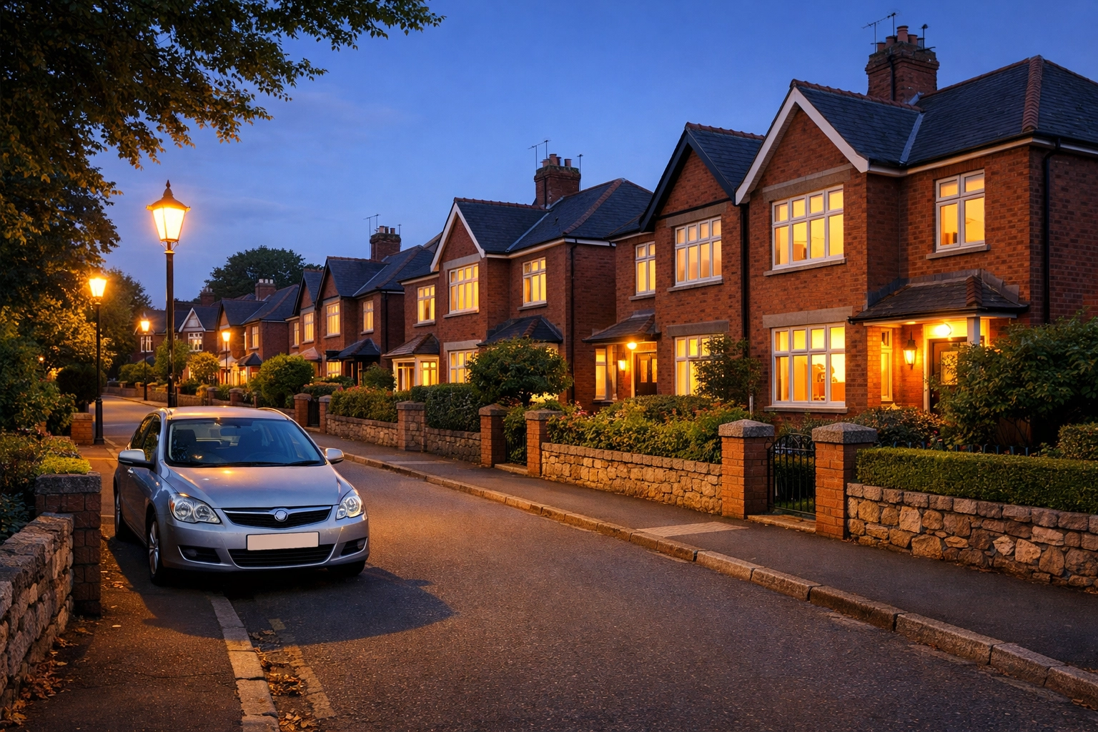 Peaceful Exeter residential street with well-lit red-brick homes and community security awareness.