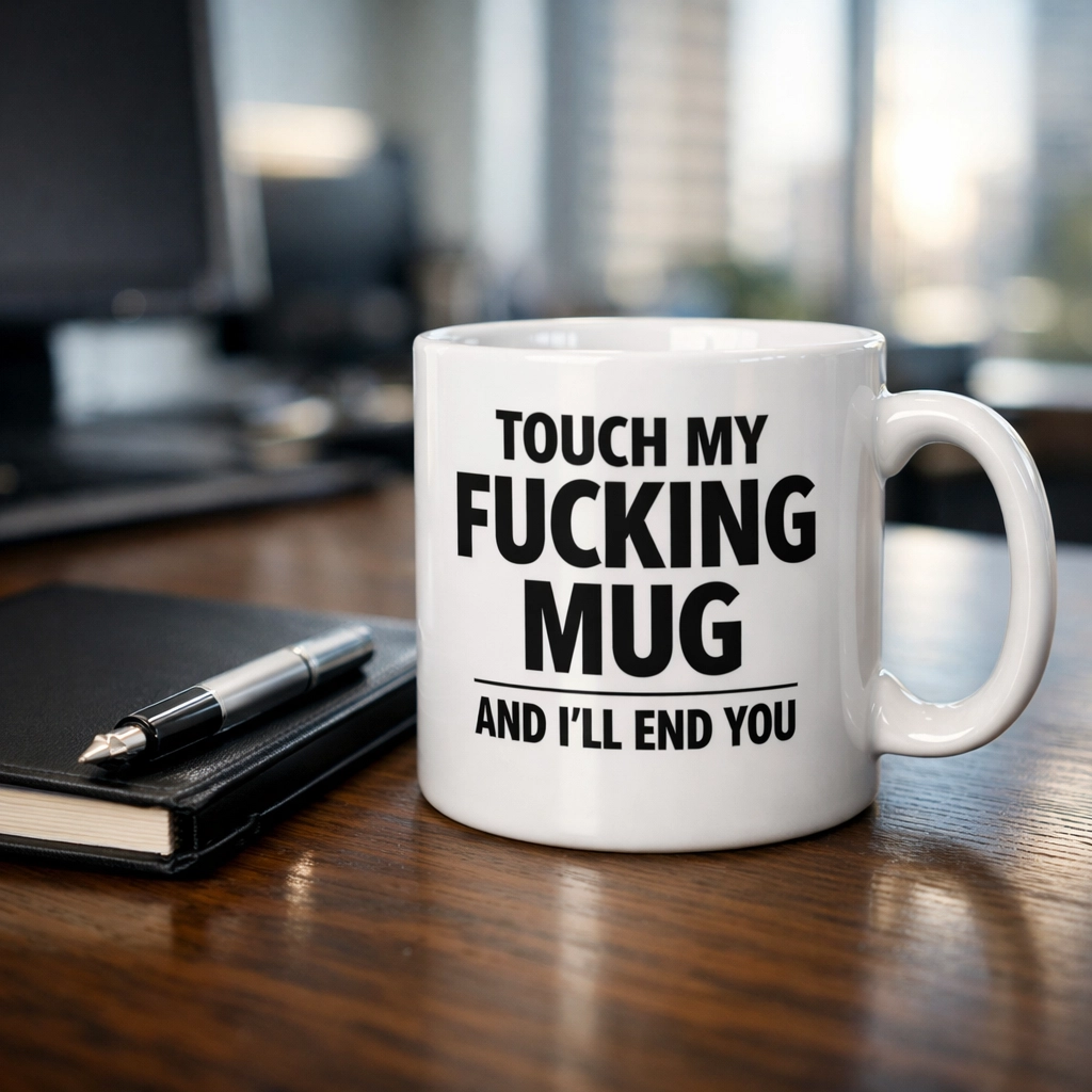 Funny rude mug with a warning message on an office desk, a bold offensive mug for novelty gifting.