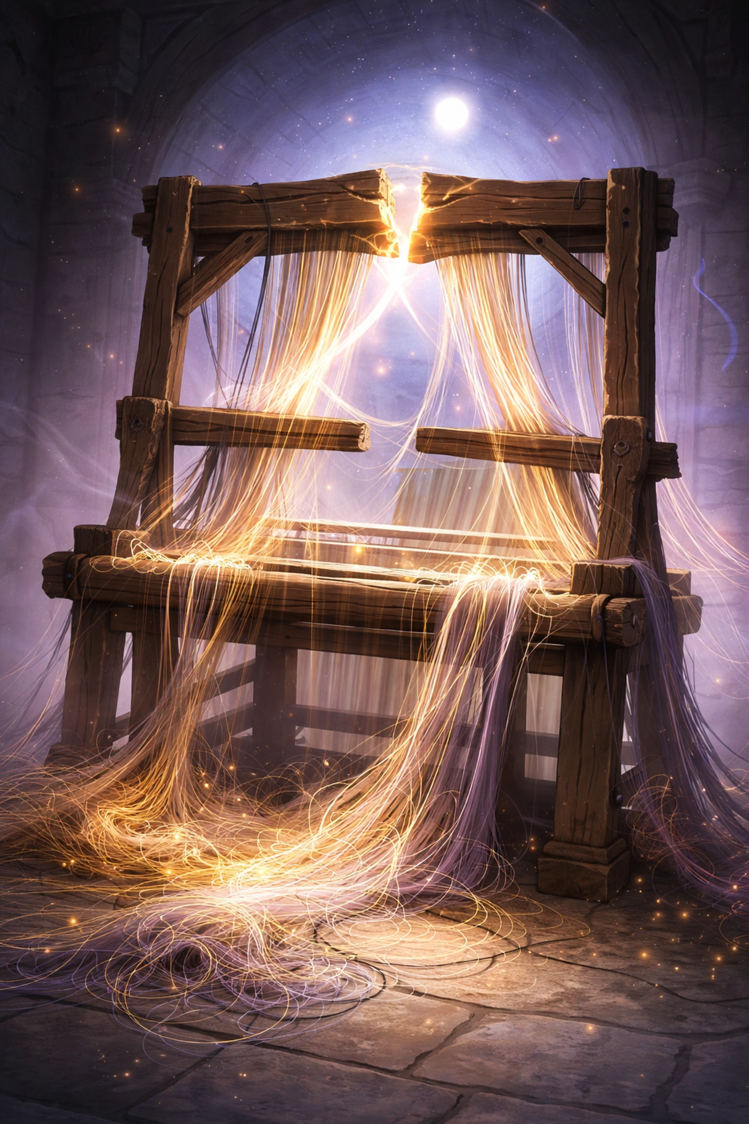 The ancient Loom of Whispers breaks apart as golden and silver threads unravel in the moonlit chamber