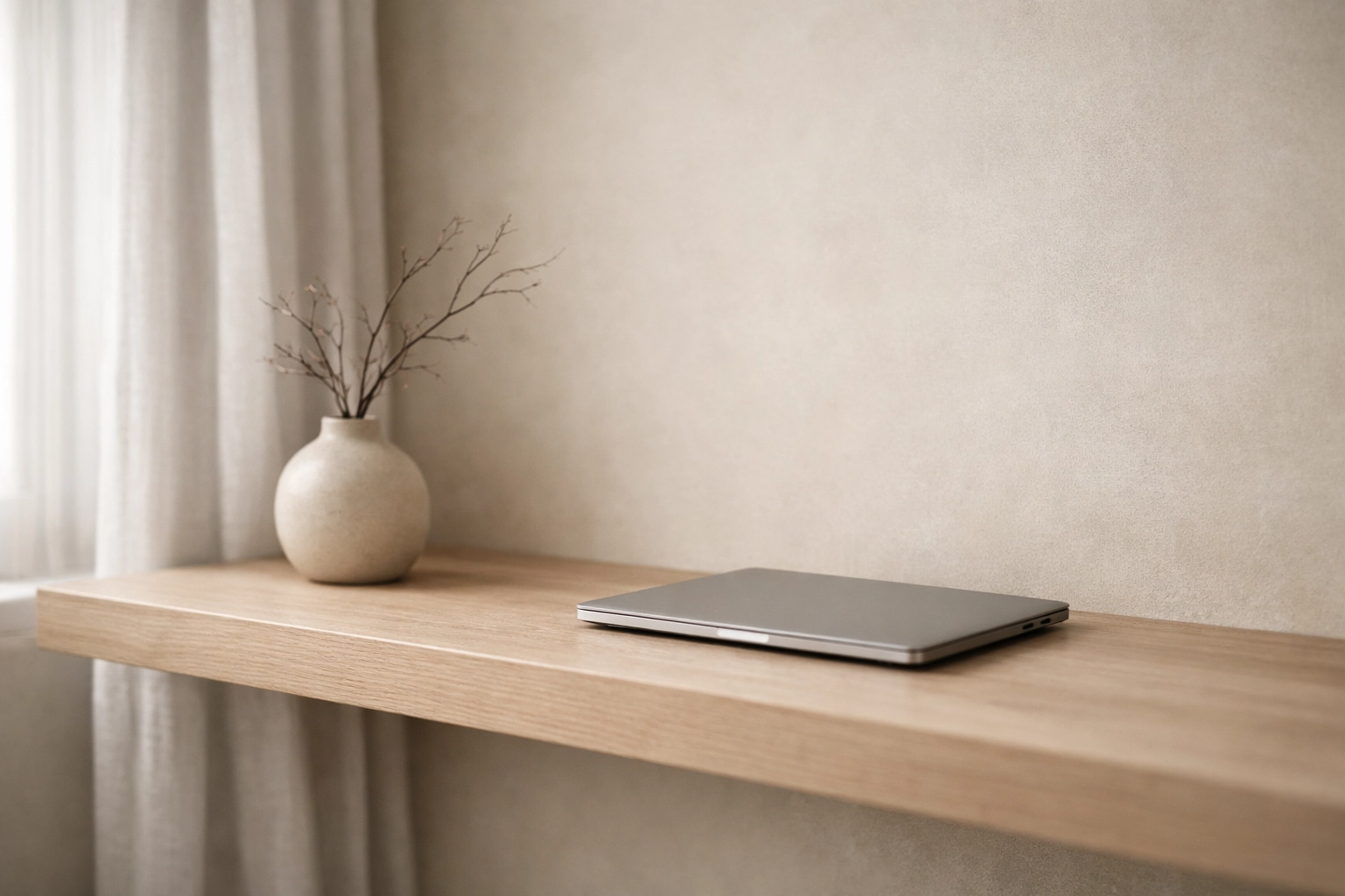 Peaceful minimalist home office with natural light, illustrating the lifestyle benefits of homeownership.