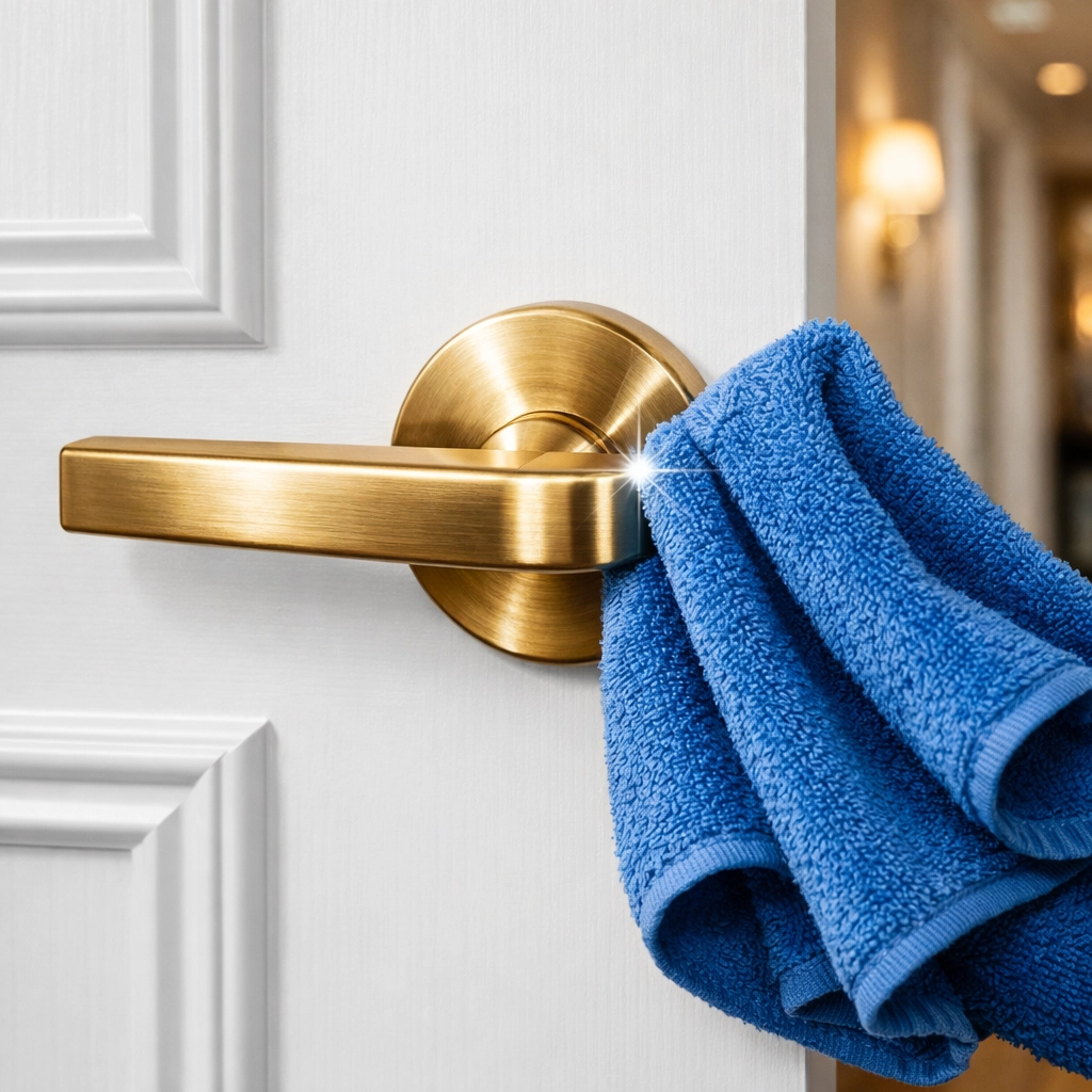 Disinfecting a high-touch door handle during a house cleaning Townsend MA session.