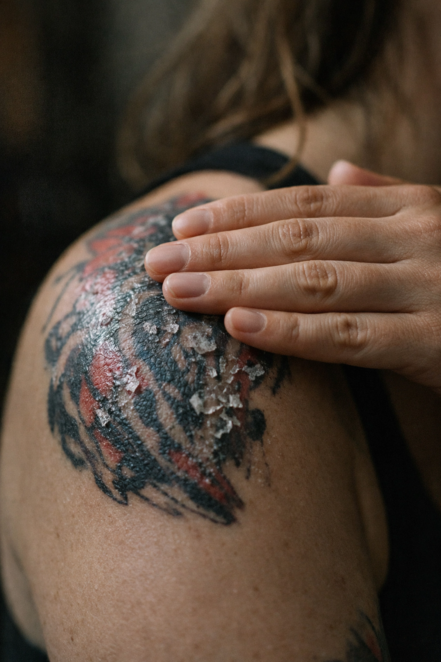 Safely patting a peeling tattoo to relieve itching based on aftercare instructions.
