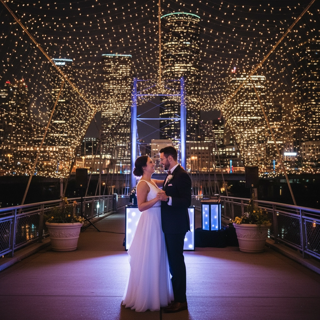 A couple dances under twinkling lights on a bridge, with a city skyline glowing in the background. The scene is romantic and festive.