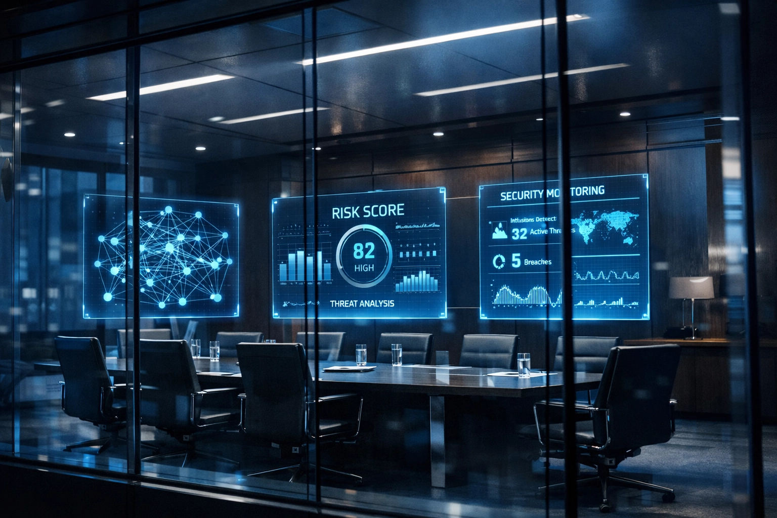 Executive IT risk assessment dashboard displaying network security metrics and vulnerability analysis