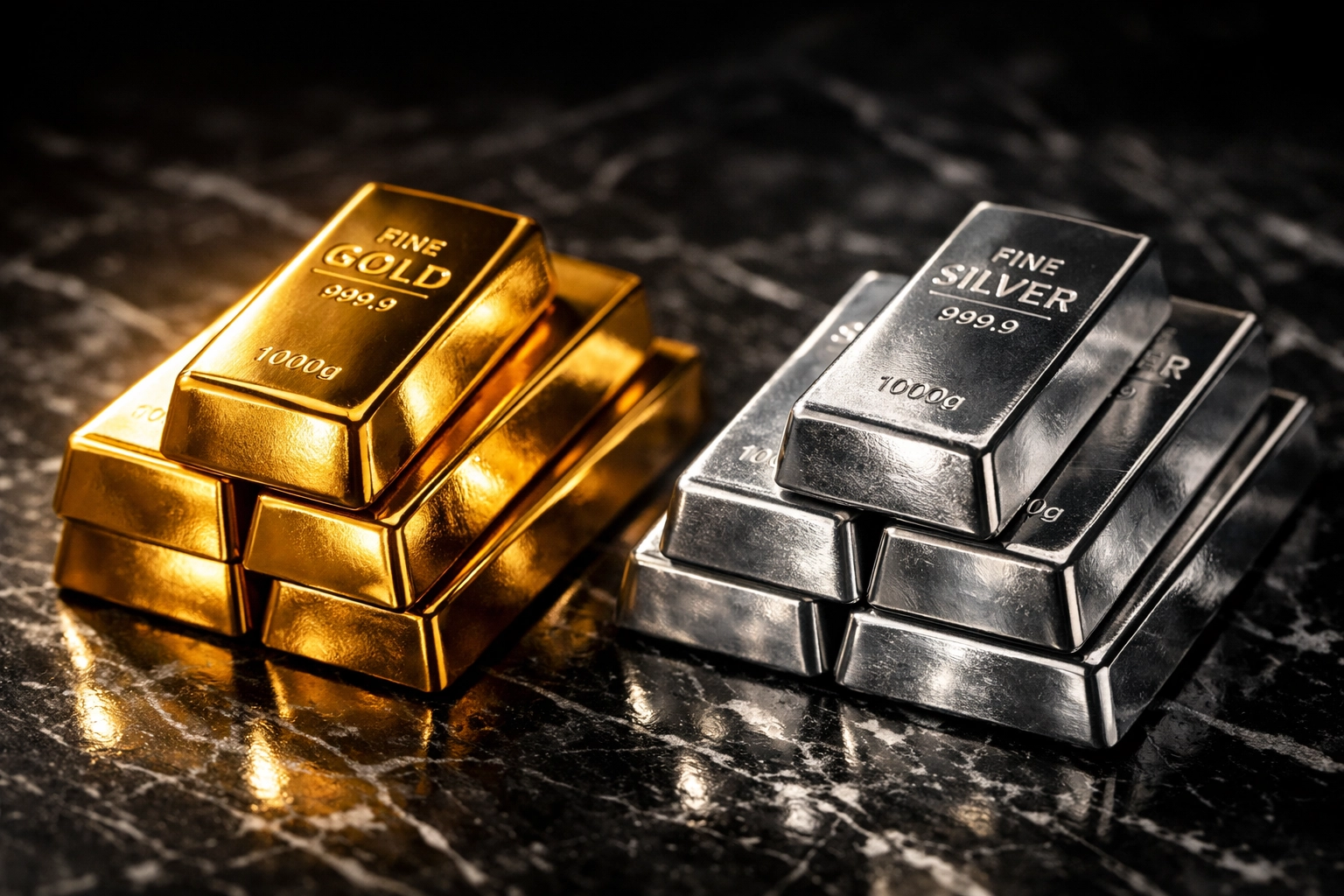 Gold and silver bars side by side comparing precious metal safe haven investments