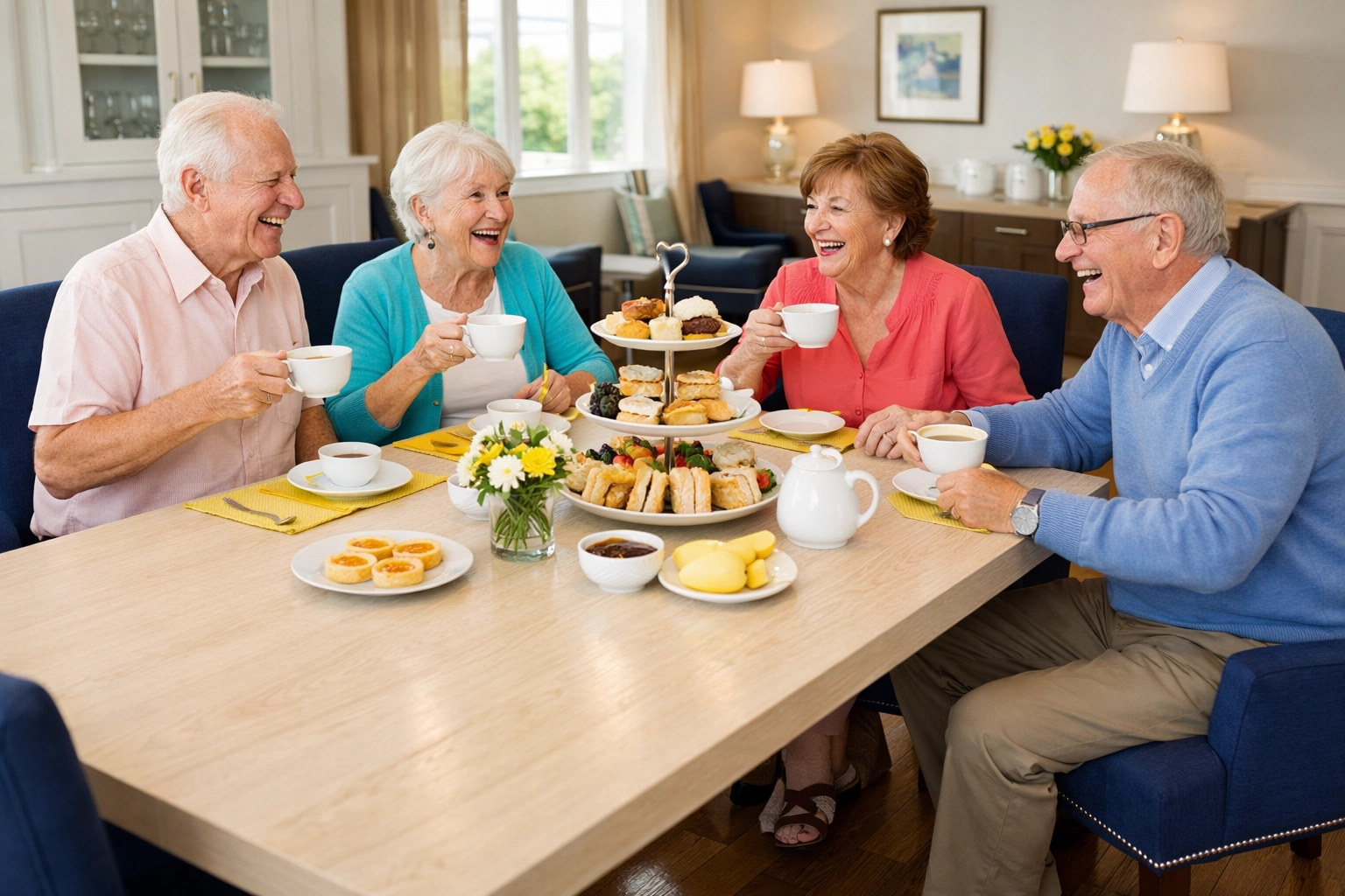 Seniors socializing in a spotless dining room, providing peace of mind through regular professional cleaning.