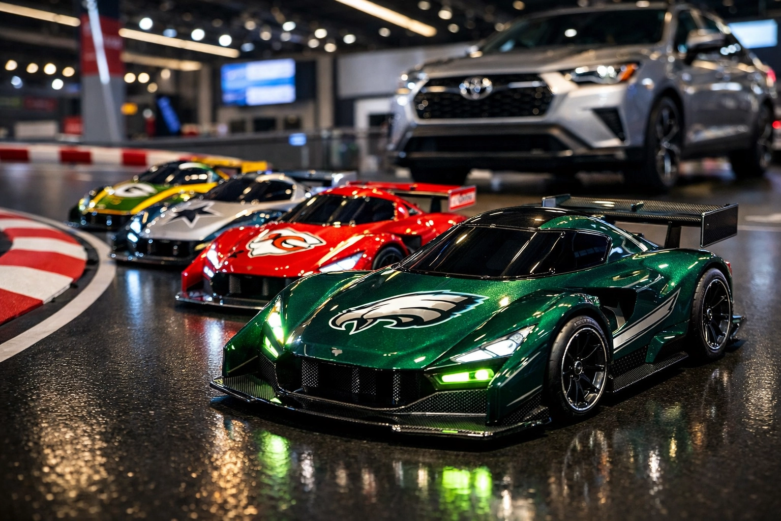 NFL team-branded mini race cars at Toyota Touchdown Drive Super Bowl 2026 experience