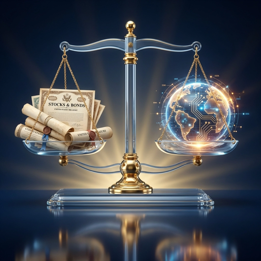 Glass and gold balanced scale comparing traditional stock and bond investments versus global assets, representing 60/40 portfolio evolution