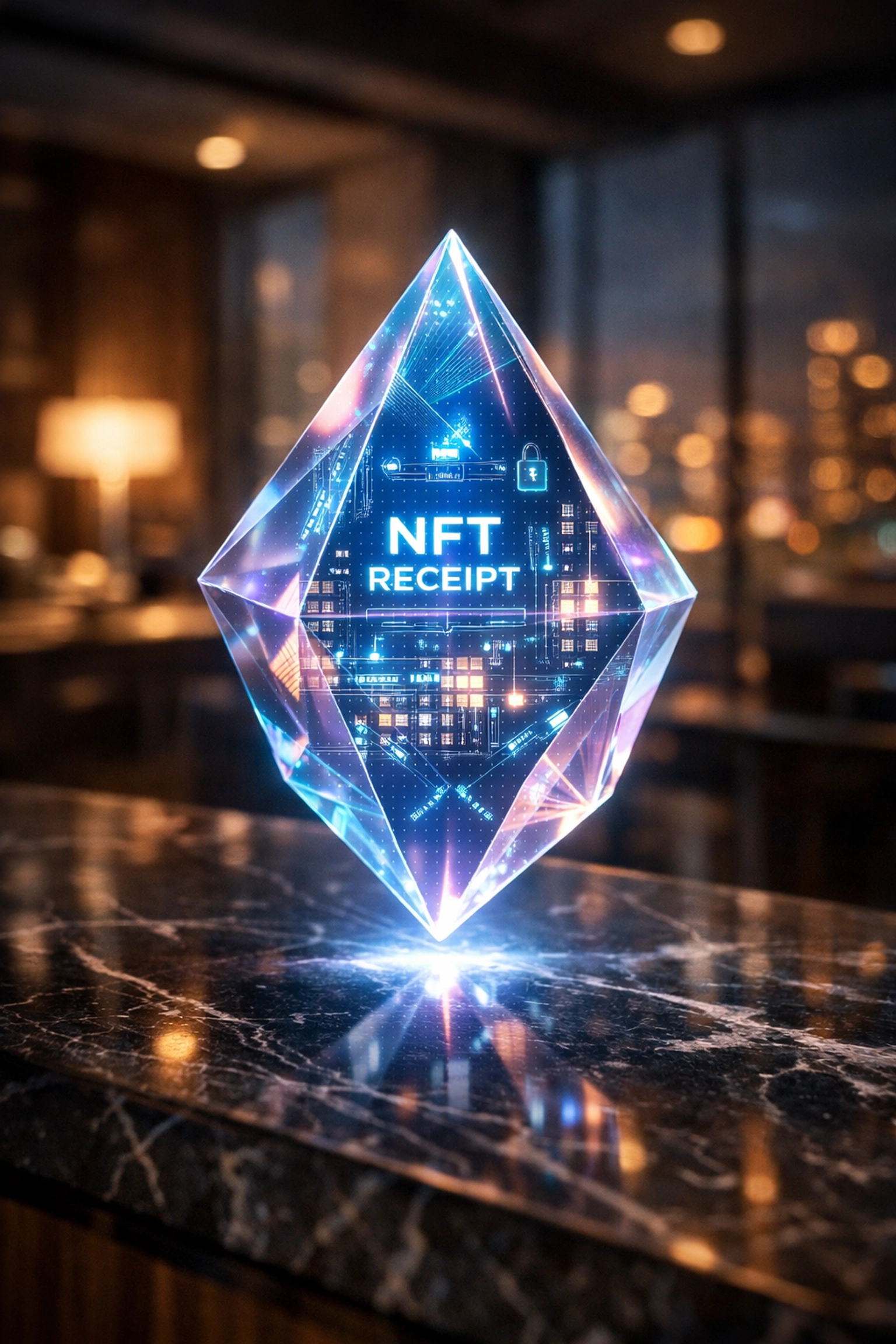 Digital holographic prism showing an immutable NFT receipt for automated crypto payment records.