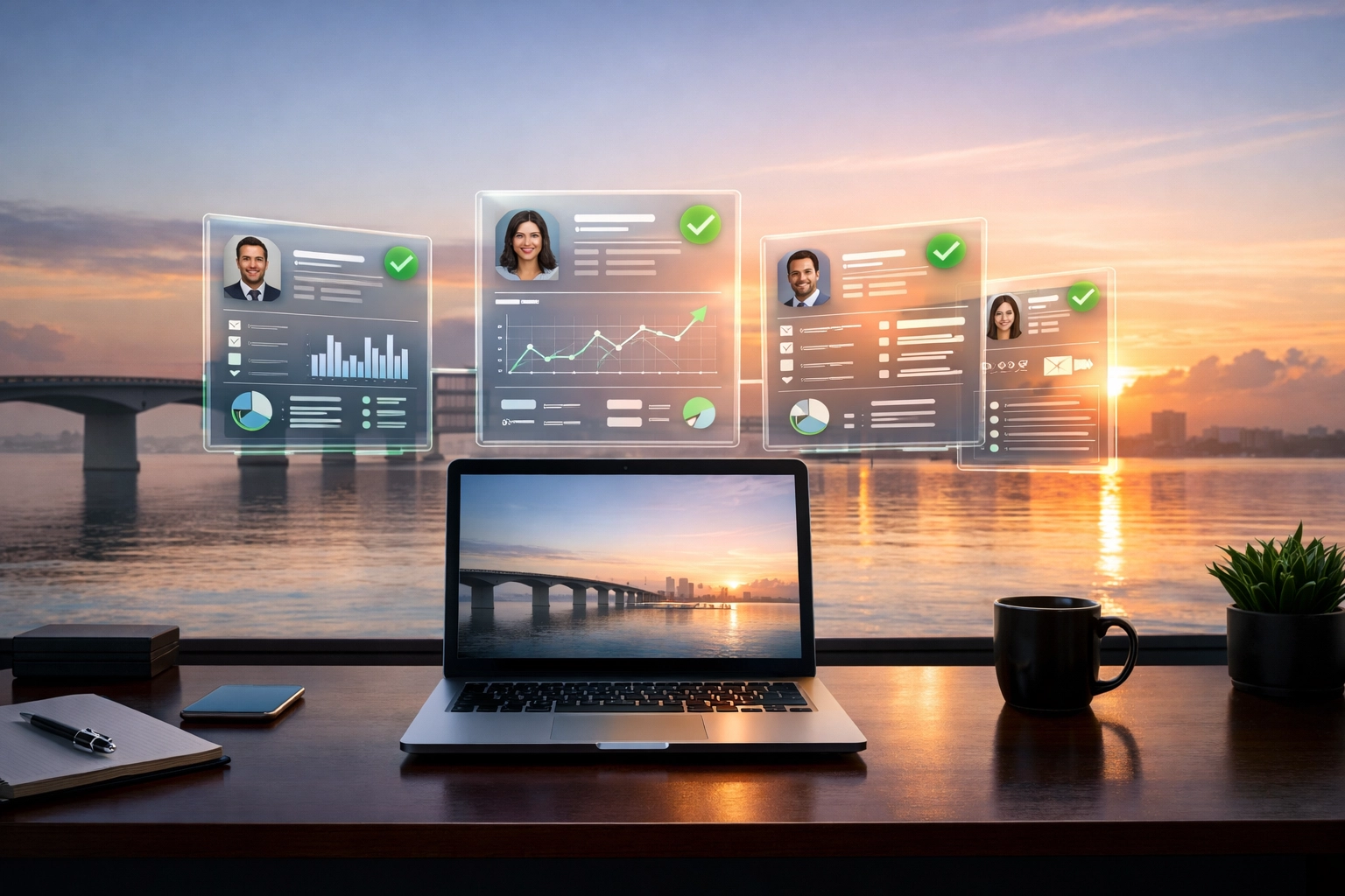 Digital business profile data showing synchronized local SEO details overlooking Sarasota bayfront.