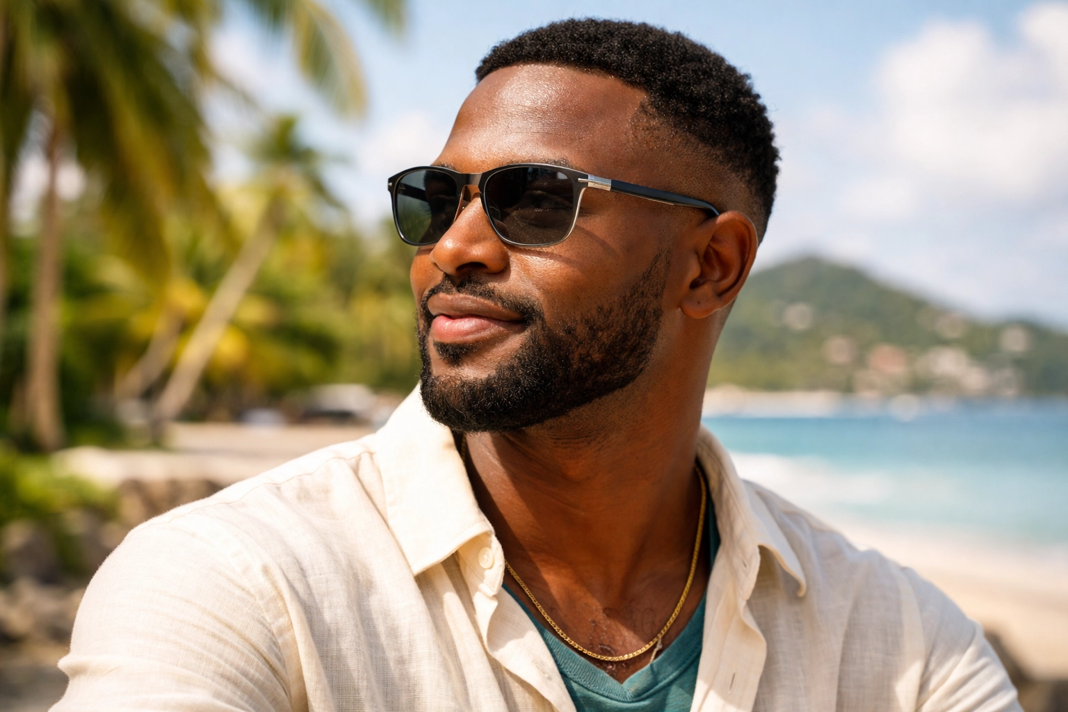 [HERO] photochromic lenses Saint Lucia lifestyle photo - Black person wearing glasses outdoors in sunny Saint Lucia as lenses darken in bright UV light